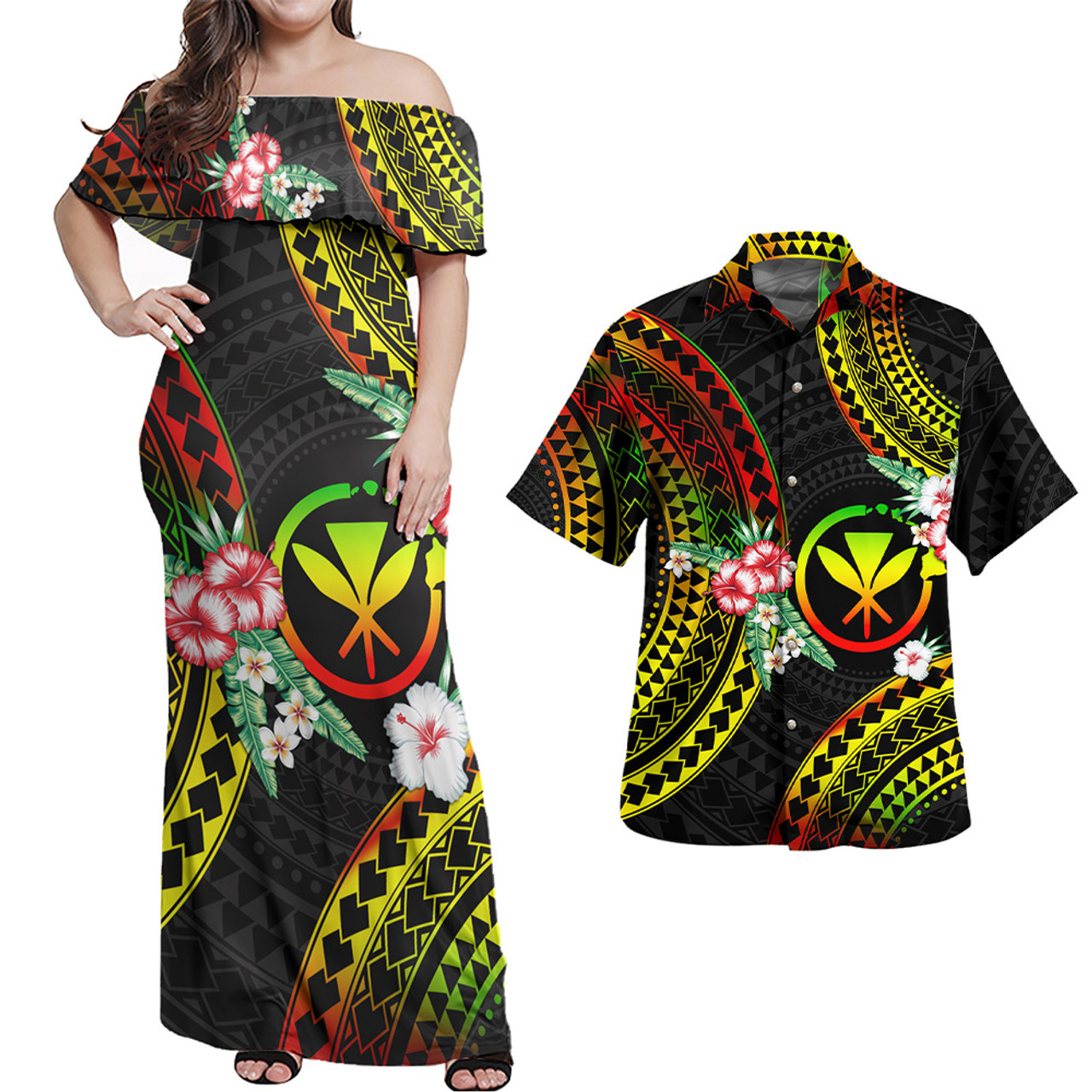 Hawaii Combo Off Shoulder Long Dress And Shirt Kanaka Maoli Reggae Color Hibiscus Flowers