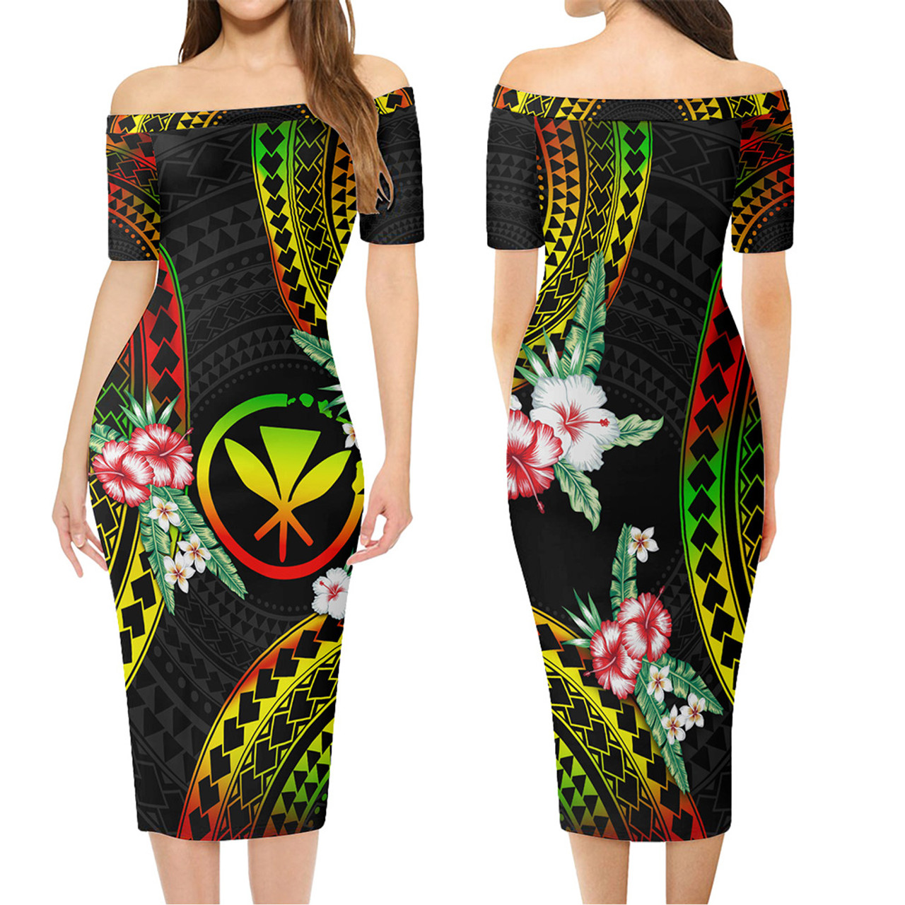 Hawaii Combo Short Sleeve Dress And Shirt Kanaka Maoli Reggae Color Hibiscus Flowers