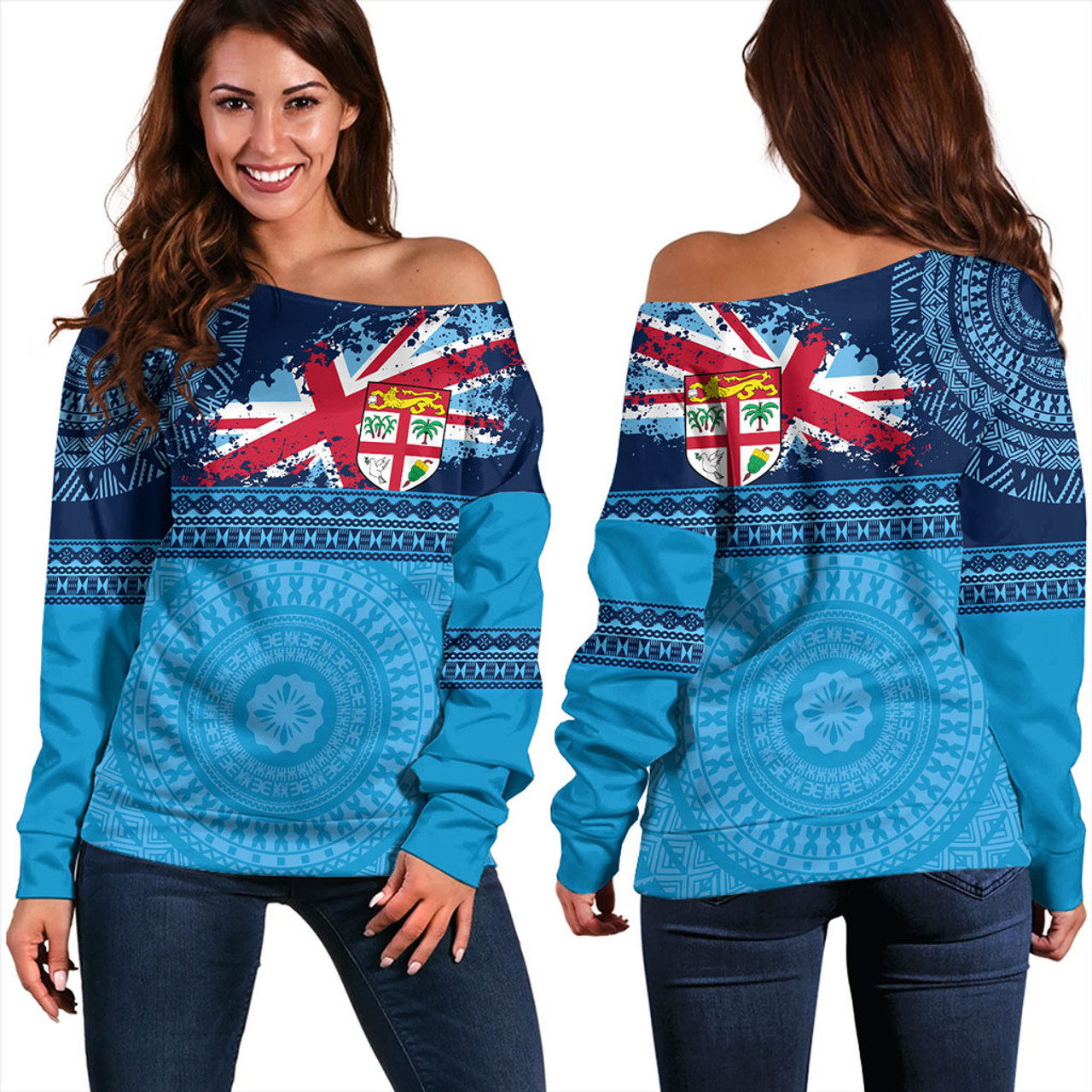 Fiji Off Shoulder Sweatshirt Flag Bula Tribal