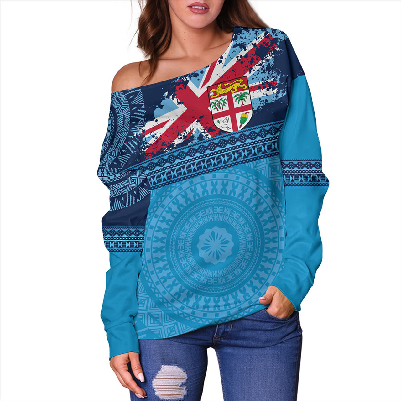 Fiji Off Shoulder Sweatshirt Flag Bula Tribal