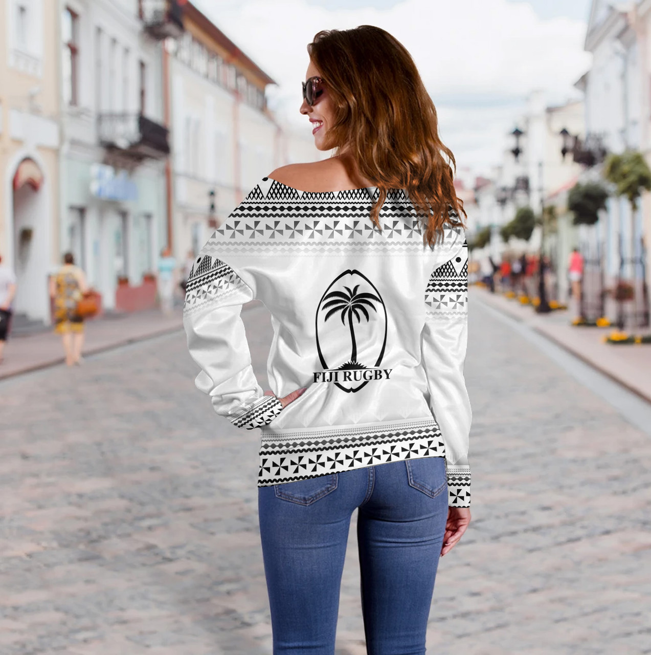 Fiji Off Shoulder Sweatshirt Rugby Ball Tapa Patterns