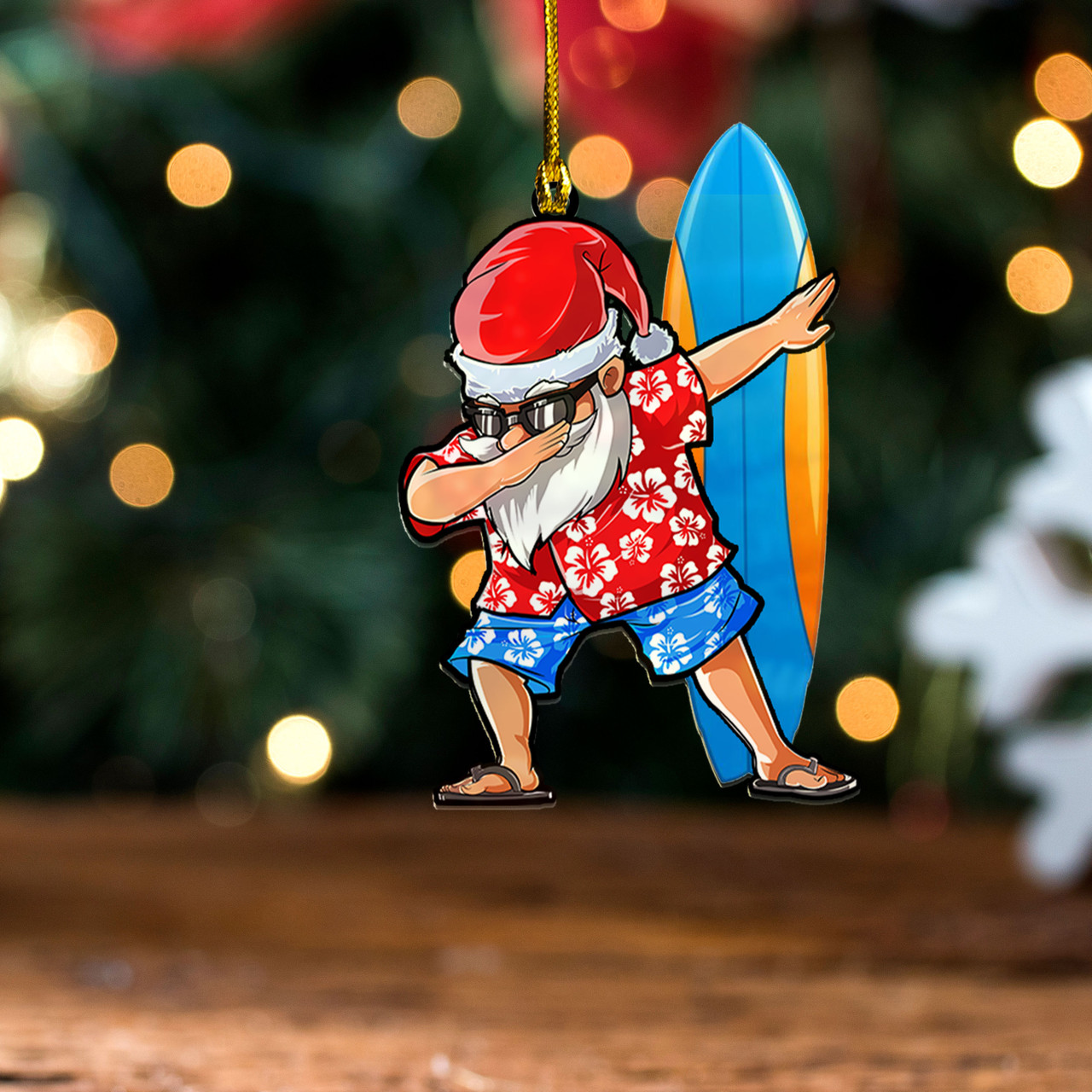 Hawaii Acrylic And Wooden Ornament Mele Kalikimaka Dabbing Santa