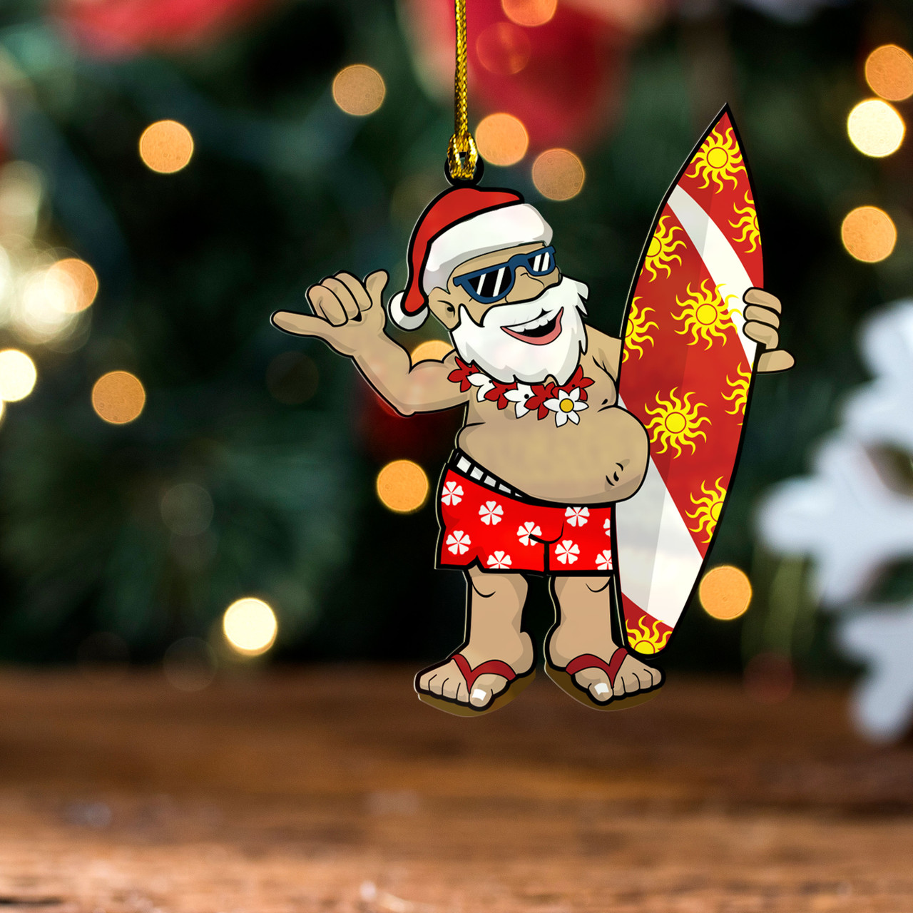 Hawaii Acrylic And Wooden Ornament Christmas Santa Claus With His Surfboard Doing A Shaka