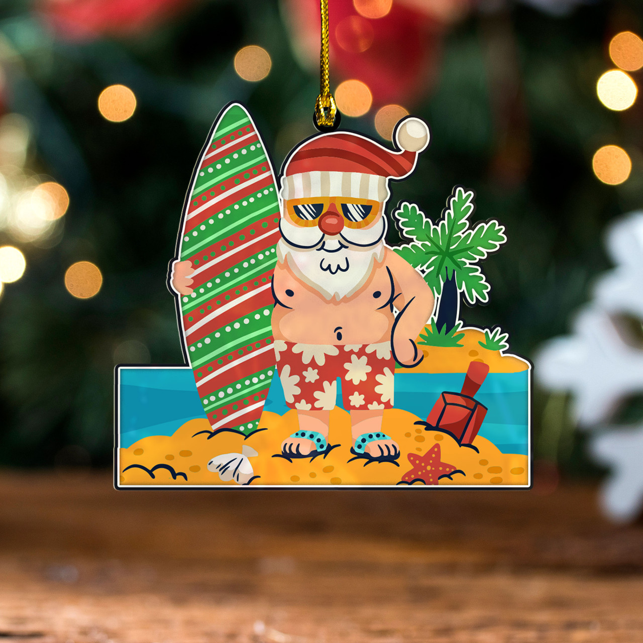 Hawaii Acrylic And Wooden Ornament Funny Santa Claus Xmas Tropical Hawaiian Style