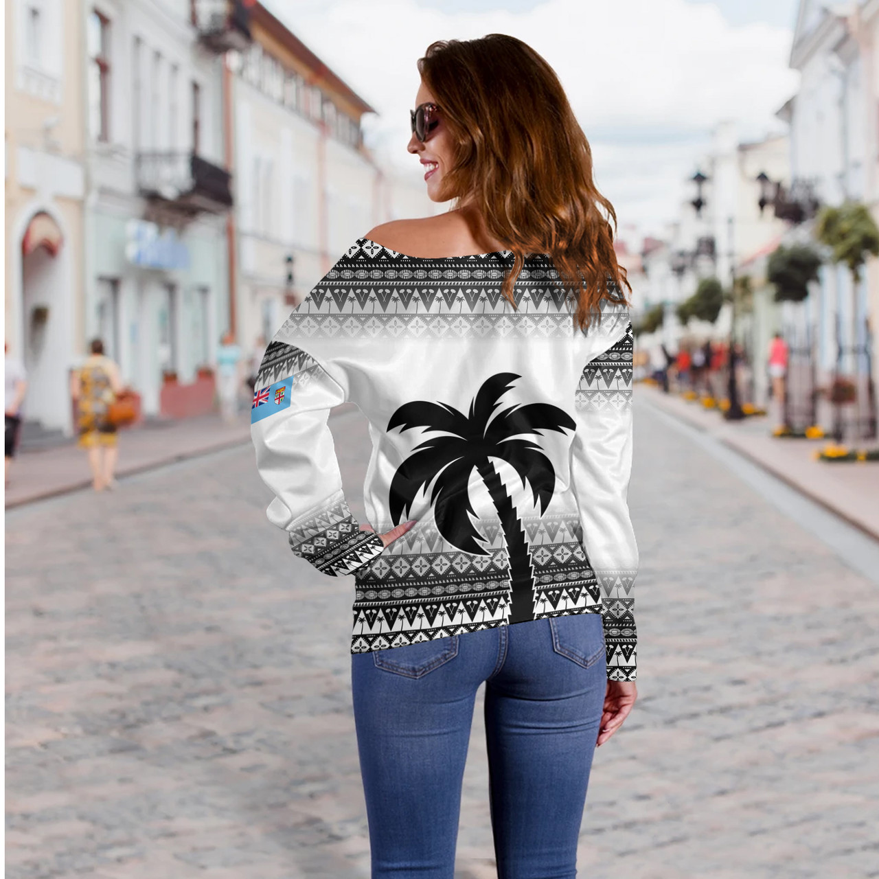 Fiji Off Shoulder Sweatshirt Vintage Flying Fijians Rugby Tribal Pattern 2023