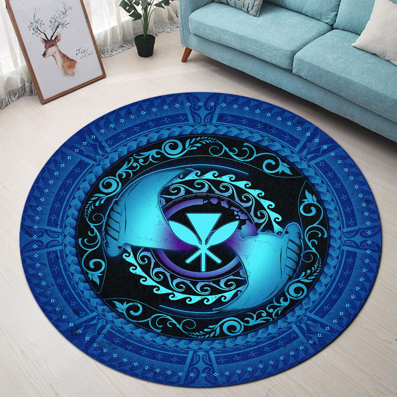 Hawaii Round Rug Manta Ray Couple Polynesian Ocean Style