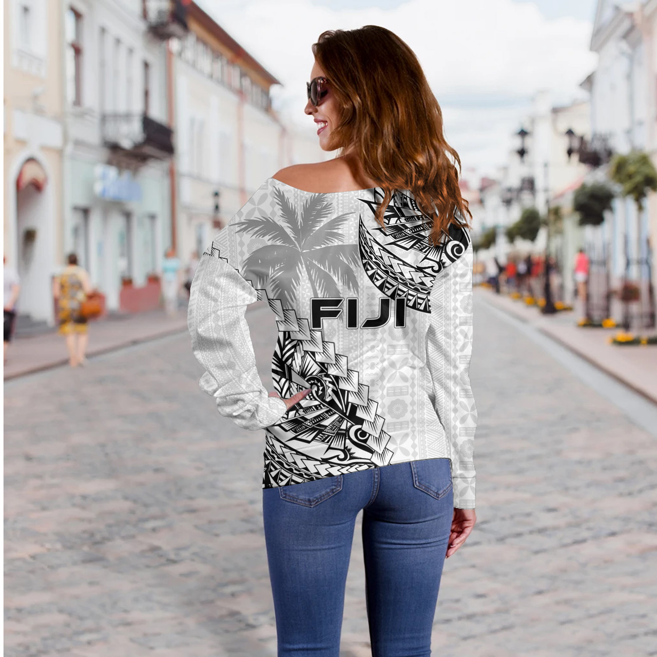 Fiji Off Shoulder Sweatshirt Flying Fijians Polynesian Pattern 2023