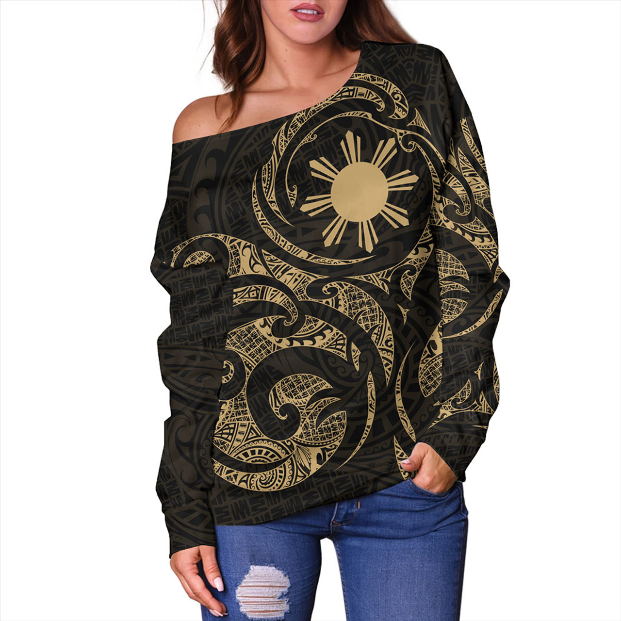 Philippines Filipinos Off Shoulder Sweatshirt Polynesian Tribal Pattern Simple Style Gold