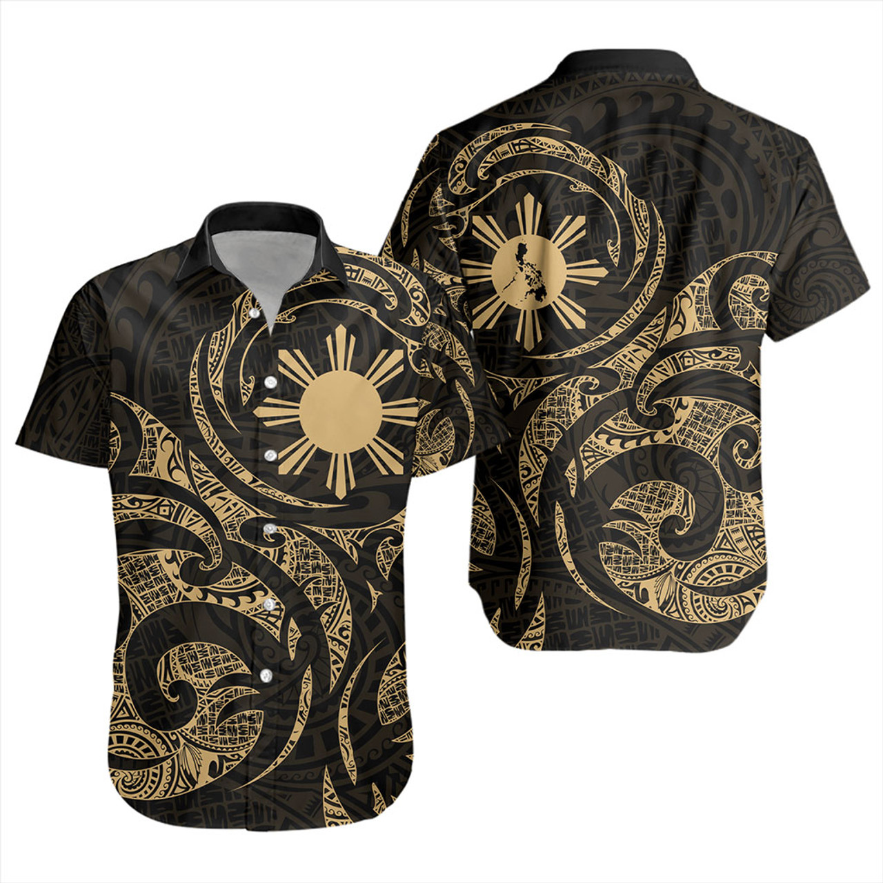 Philippines Filipinos Short Sleeve Shirt Polynesian Tribal Pattern Simple Style Gold