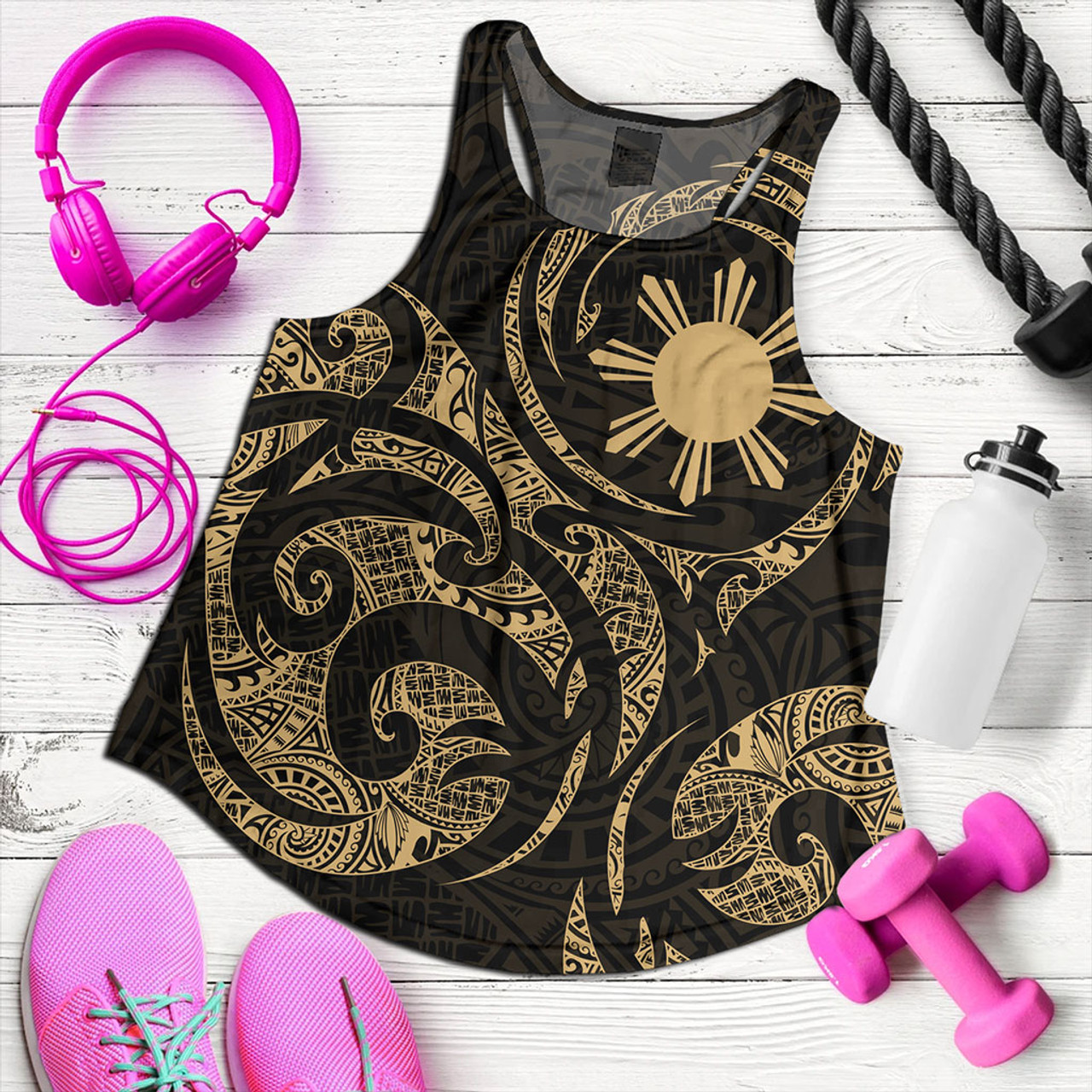 Philippines Filipinos Women Tank Polynesian Tribal Pattern Simple Style Gold