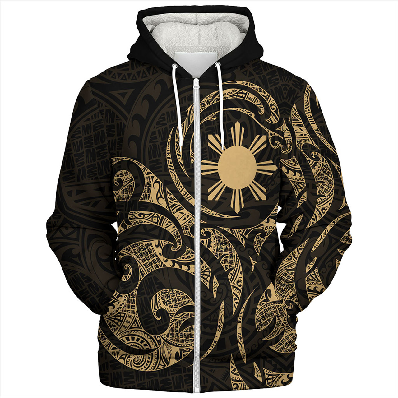 Philippines Filipinos Sherpa Hoodie Polynesian Tribal Pattern Simple Style Gold