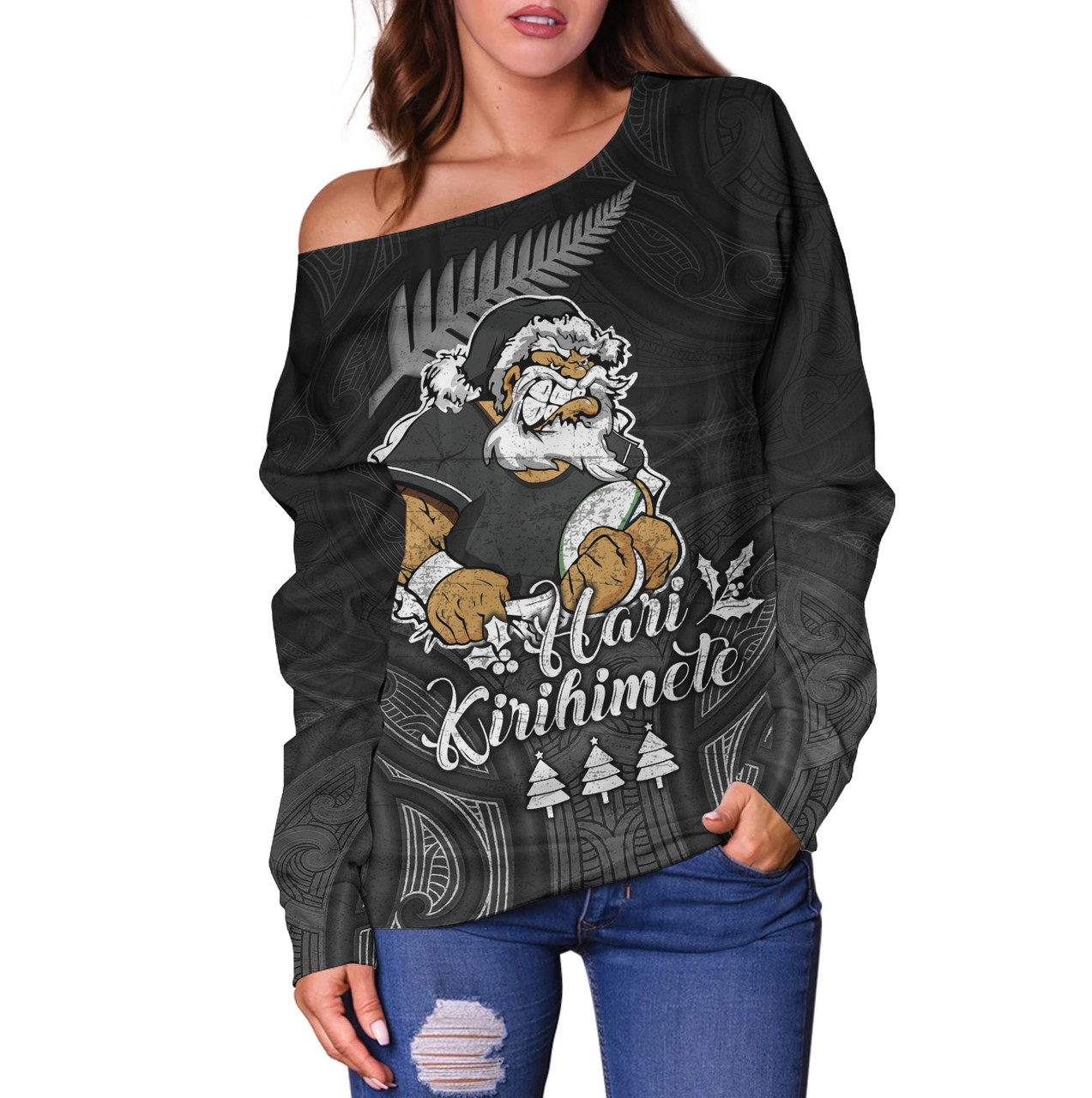 New Zealand Off Shoulder Sweatshirt Hari Kirihimete Rugby Santa Style