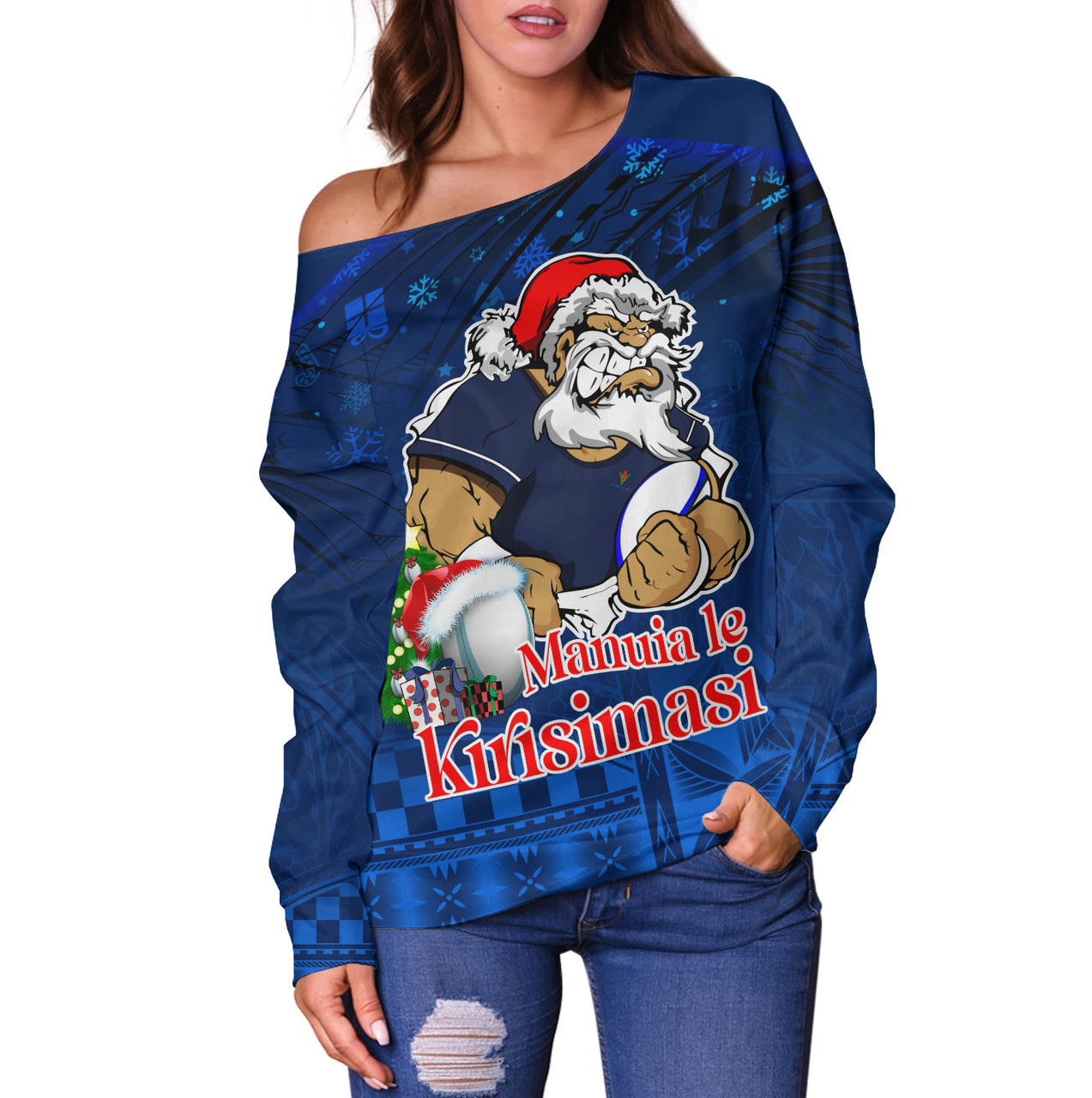 Samoa Off Shoulder Sweatshirt Manuia Le Kirisimasi Rugby Santa Style