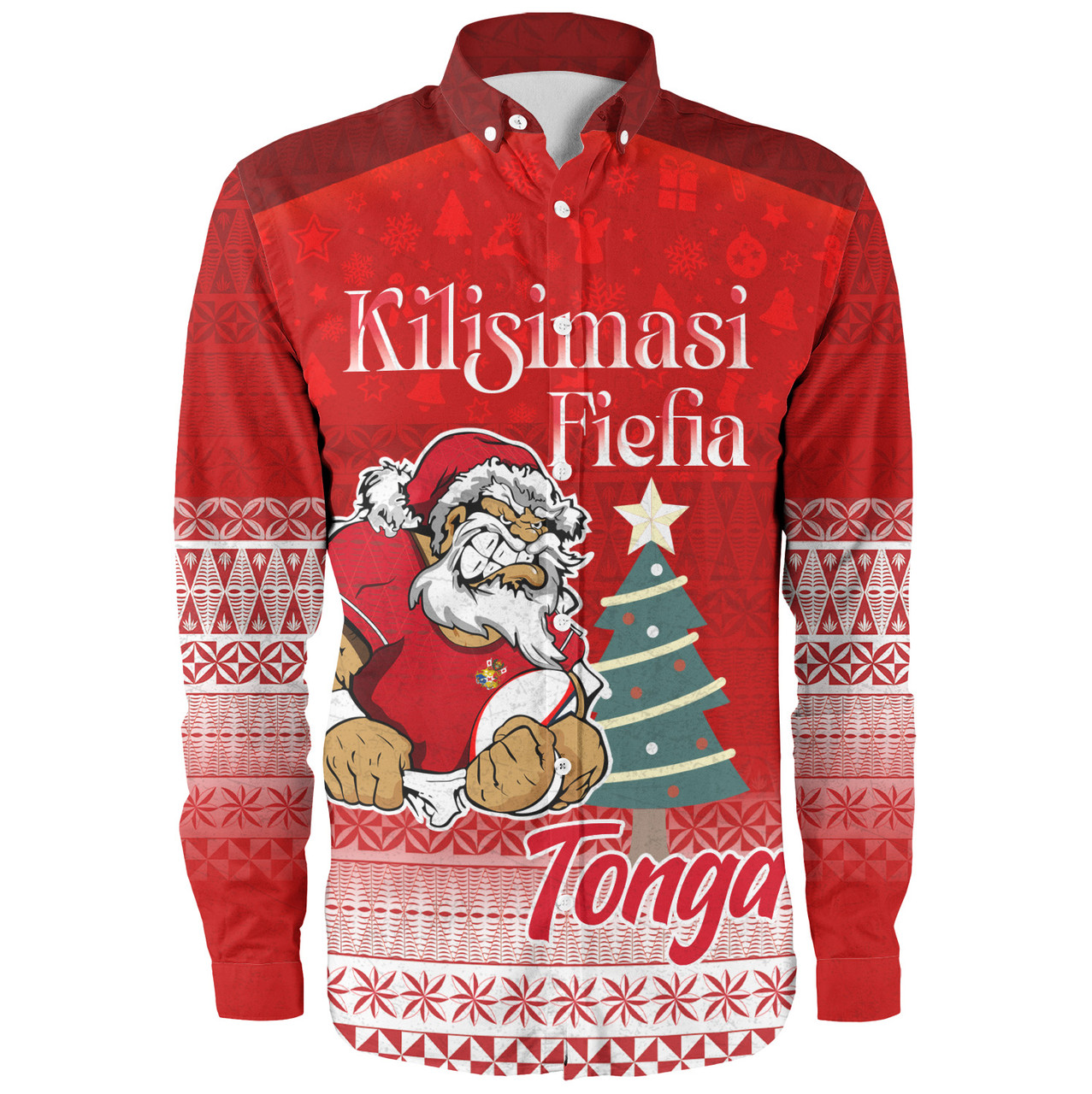 Tonga Long Sleeve Shirt Kilisimasi Fiefia Rugby Santa Style