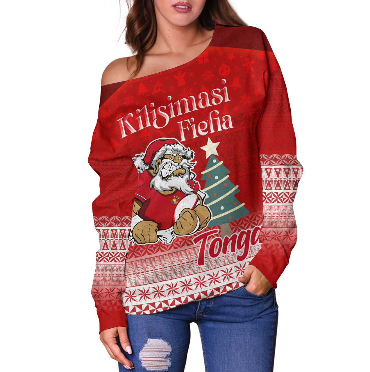 Tonga Off Shoulder Sweatshirt Kilisimasi Fiefia Rugby Santa Style