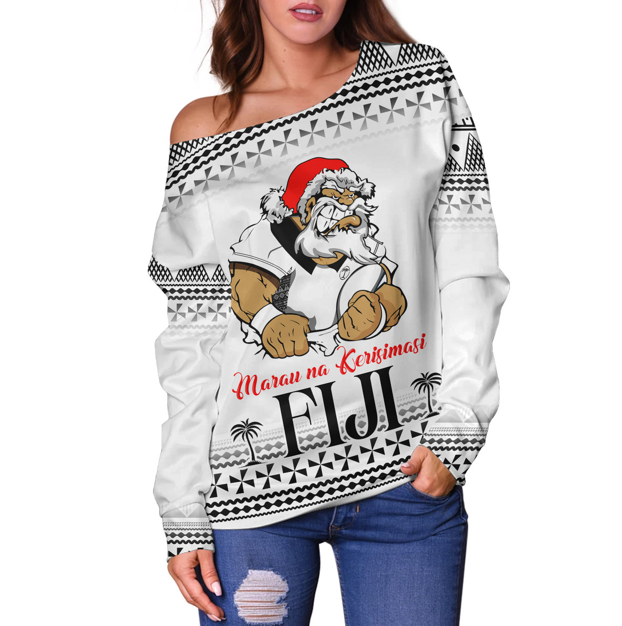 Fiji Off Shoulder Sweatshirt Marau na Kerisimasi Rugby Santa Style