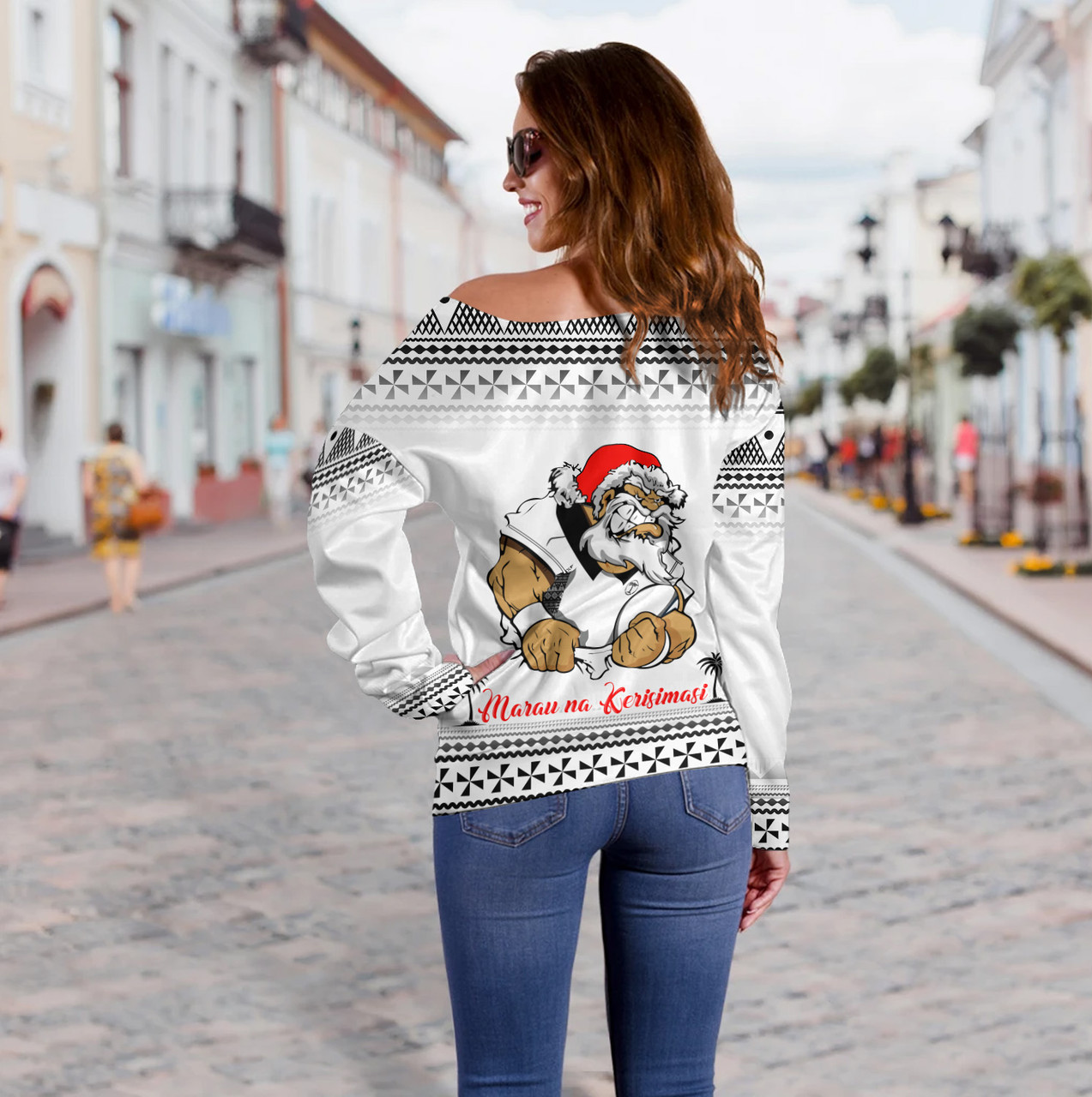 Fiji Off Shoulder Sweatshirt Marau na Kerisimasi Rugby Santa Style