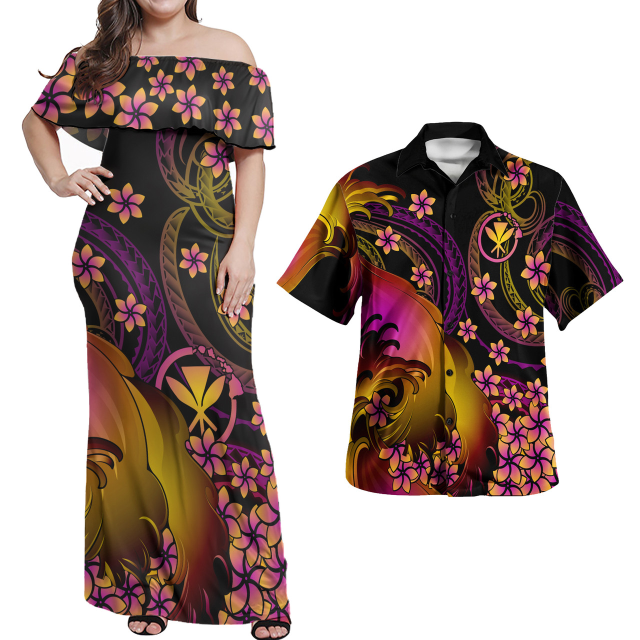 Hawaii Polynesian Pattern Combo Dress And Shirt Plumeria In Wave