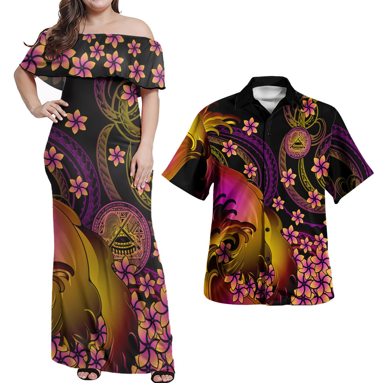 American Samoa Polynesian Pattern Combo Dress And Shirt Plumeria In Wave