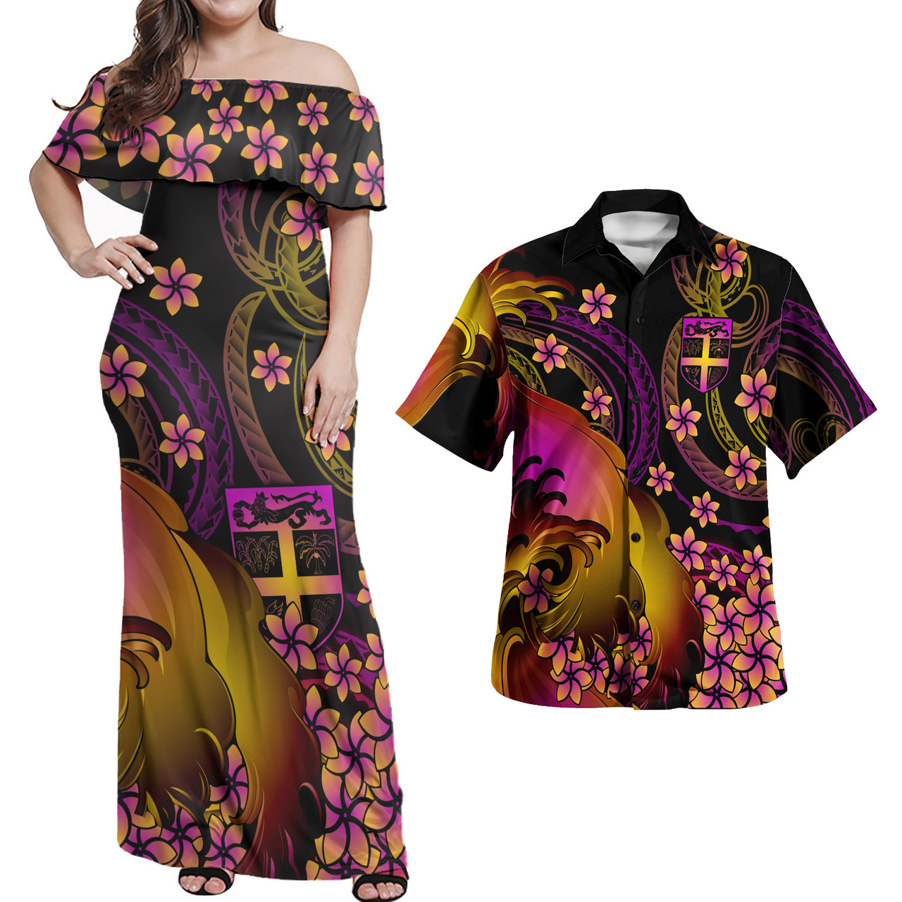 Fiji Polynesian Pattern Combo Dress And Shirt Plumeria In Wave