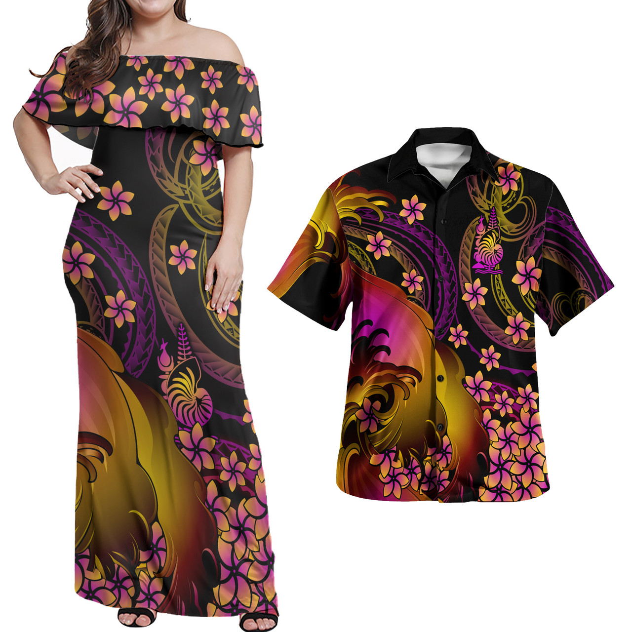 New Caledonia Polynesian Pattern Combo Dress And Shirt Plumeria In Wave