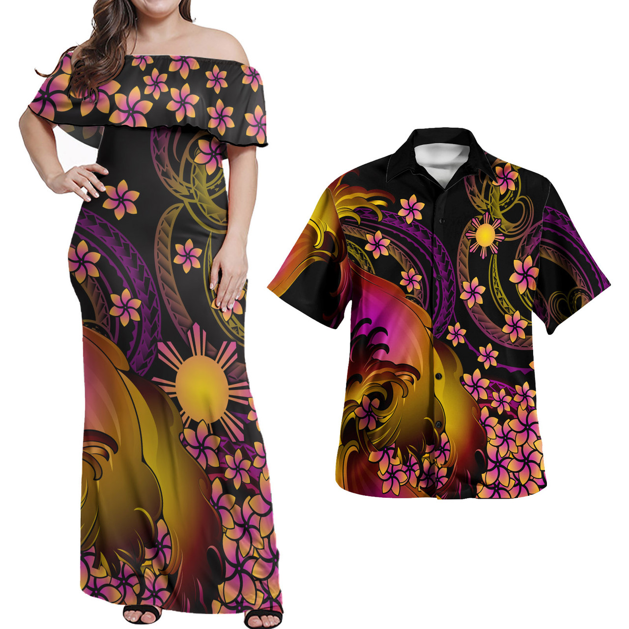 Philippines Polynesian Pattern Combo Dress And Shirt Plumeria In Wave