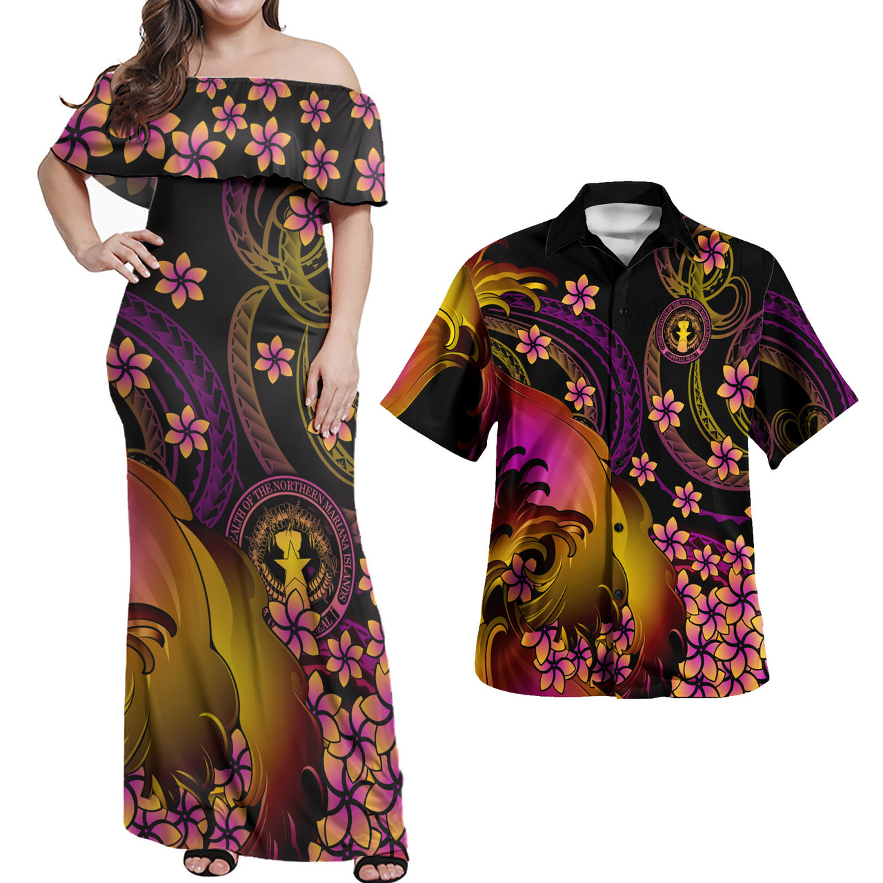 Northern Mariana Islands Polynesian Pattern Combo Dress And Shirt Plumeria In Wave