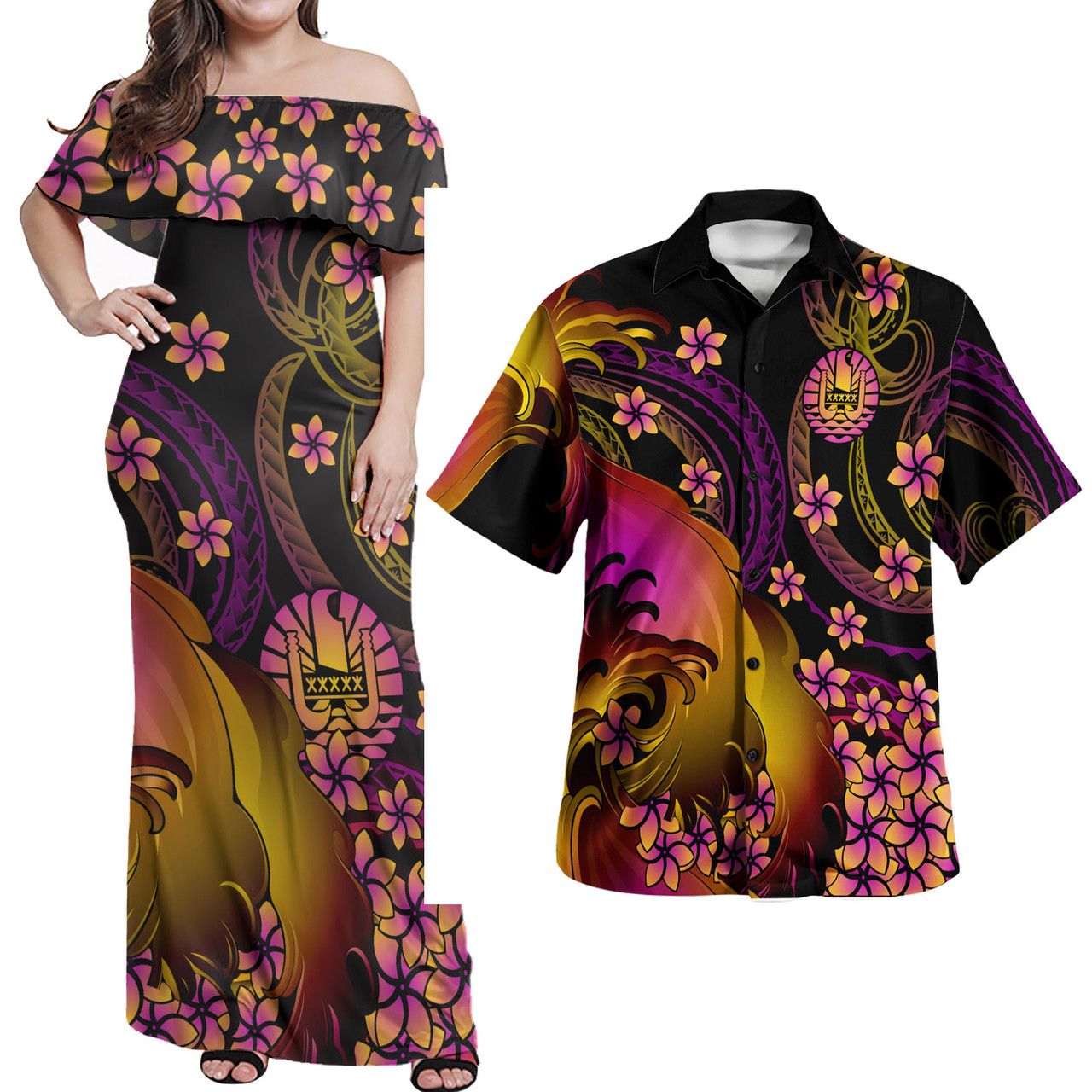 Tonga Polynesian Pattern Combo Dress And Shirt Plumeria In Wave