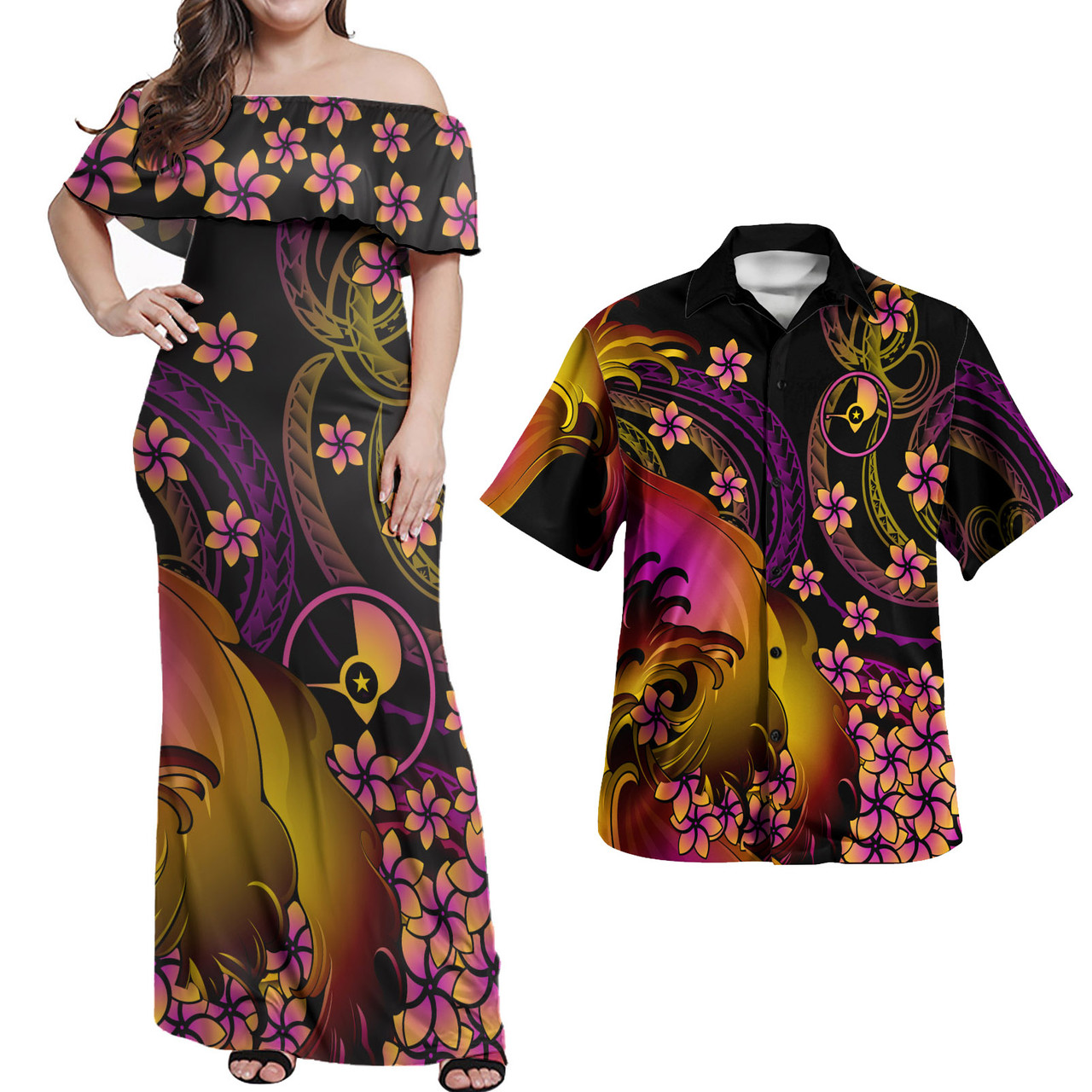 Yap Polynesian Pattern Combo Dress And Shirt Plumeria In Wave