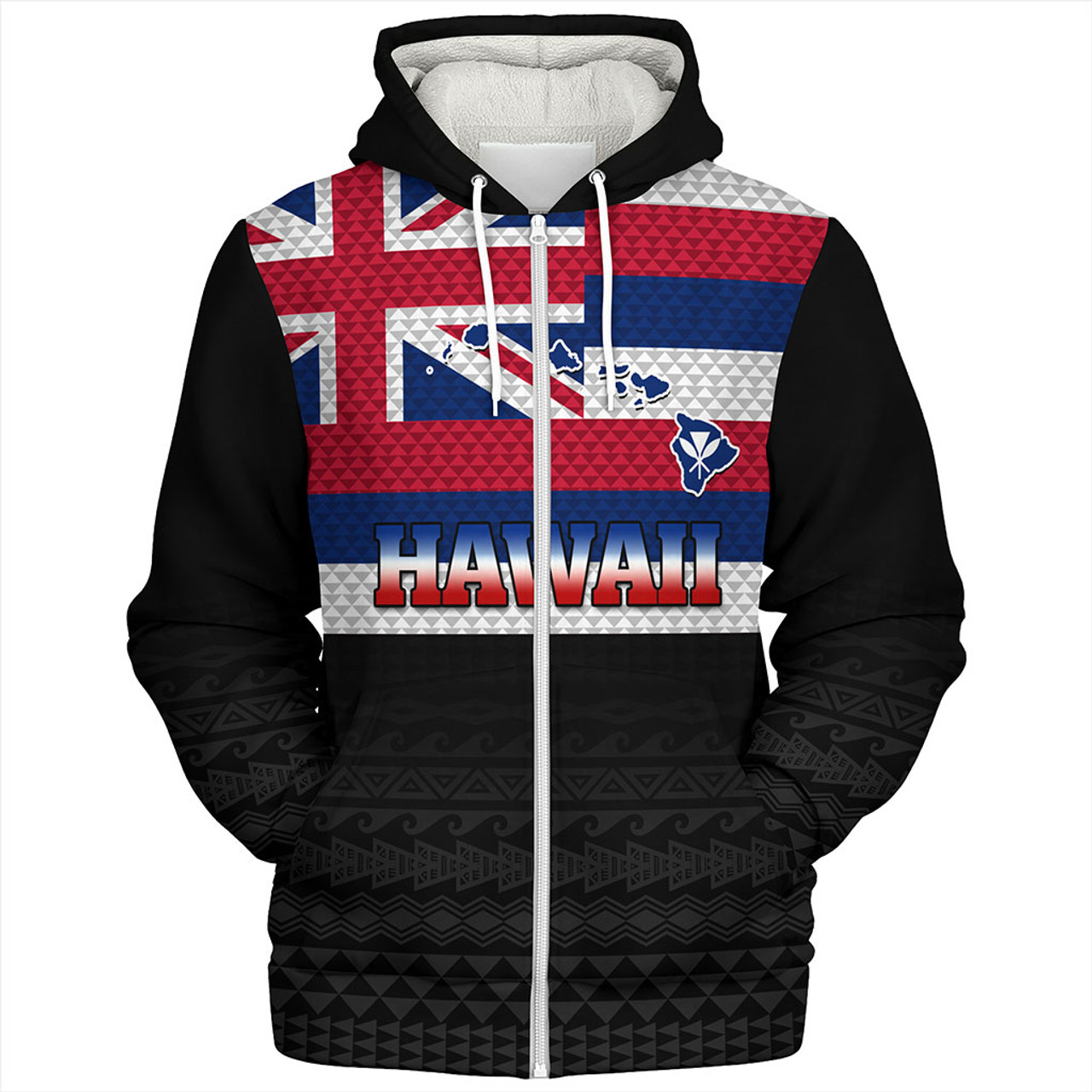 Hawaii Sherpa Hoodie Flag And Map Kakau Pattern