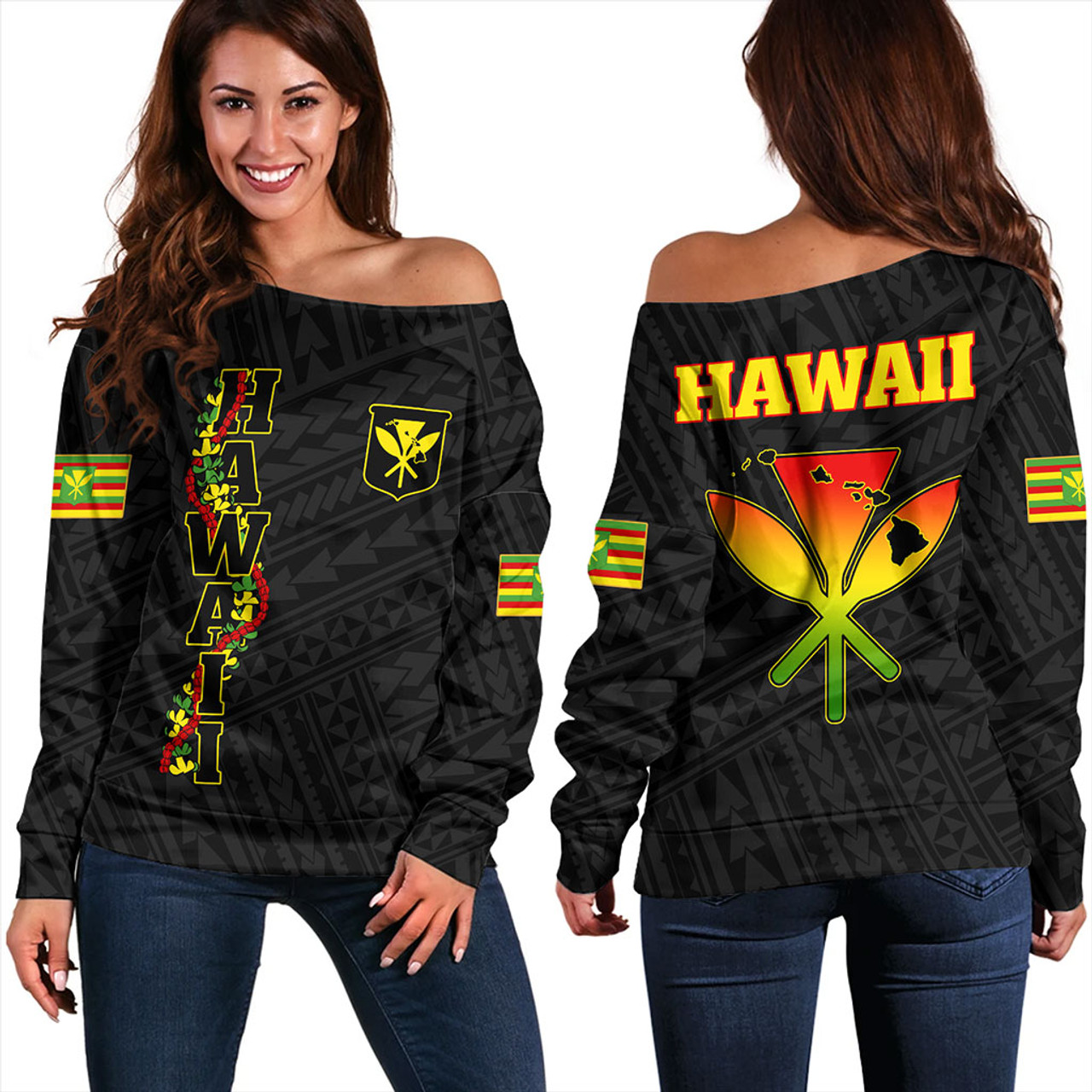Hawaii Off Shoulder Sweatshirt Kanaka Maoli Floral Puakenikeni Lei Reggae