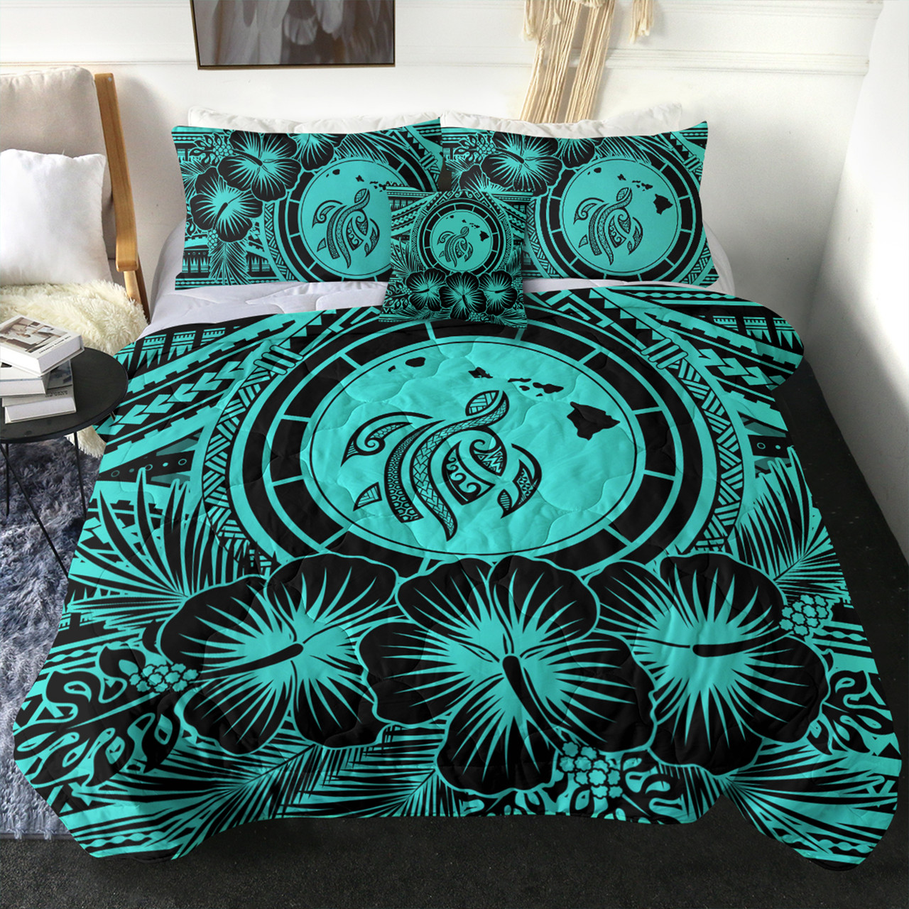 Hawaii Comforter Map Honu Hibiscus Polynesian Turquoise