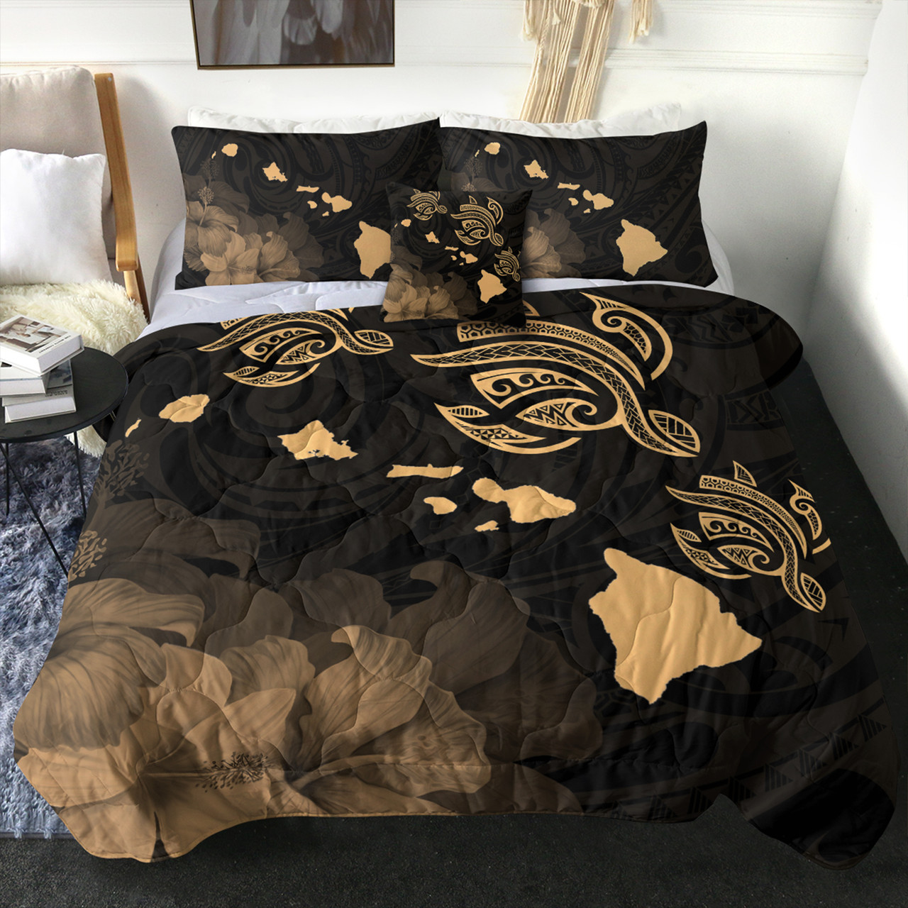 Hawaii Comforter Turtle Hibiscus Map Polynesian Family Gold