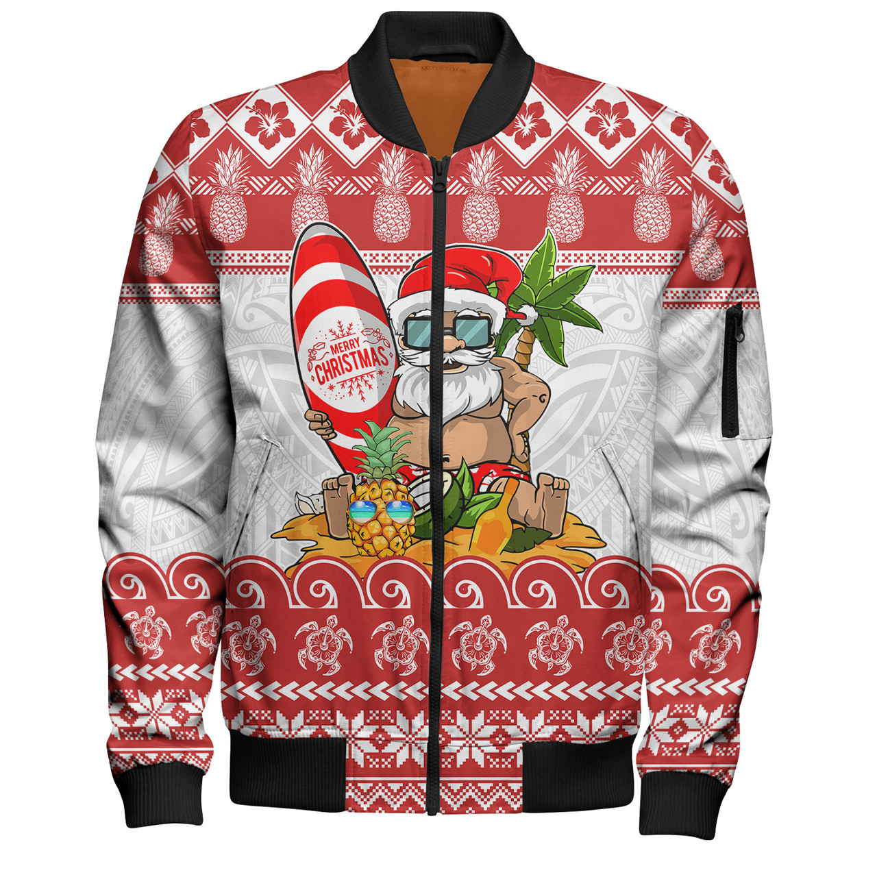 Hawaii Bomber Jacket Santa Surfing Merry Christmas Kanaka Maoli