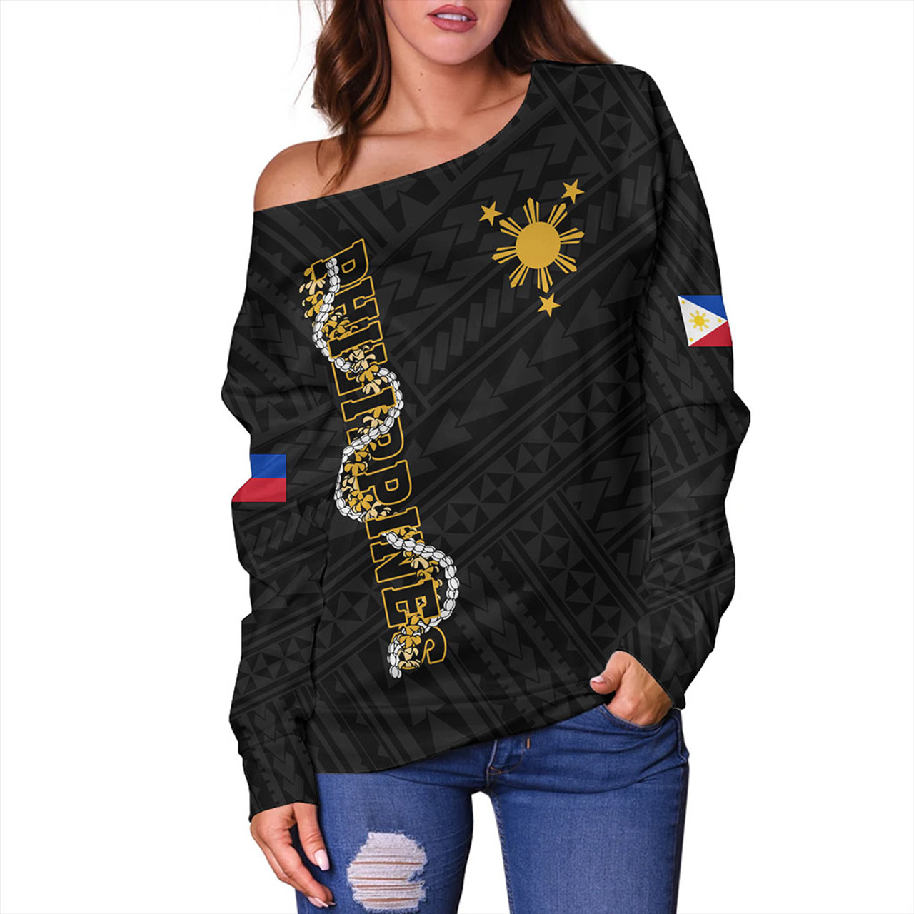 Philippines Filipinos Off Shoulder Sweatshirt Floral Puakenikeni Lei