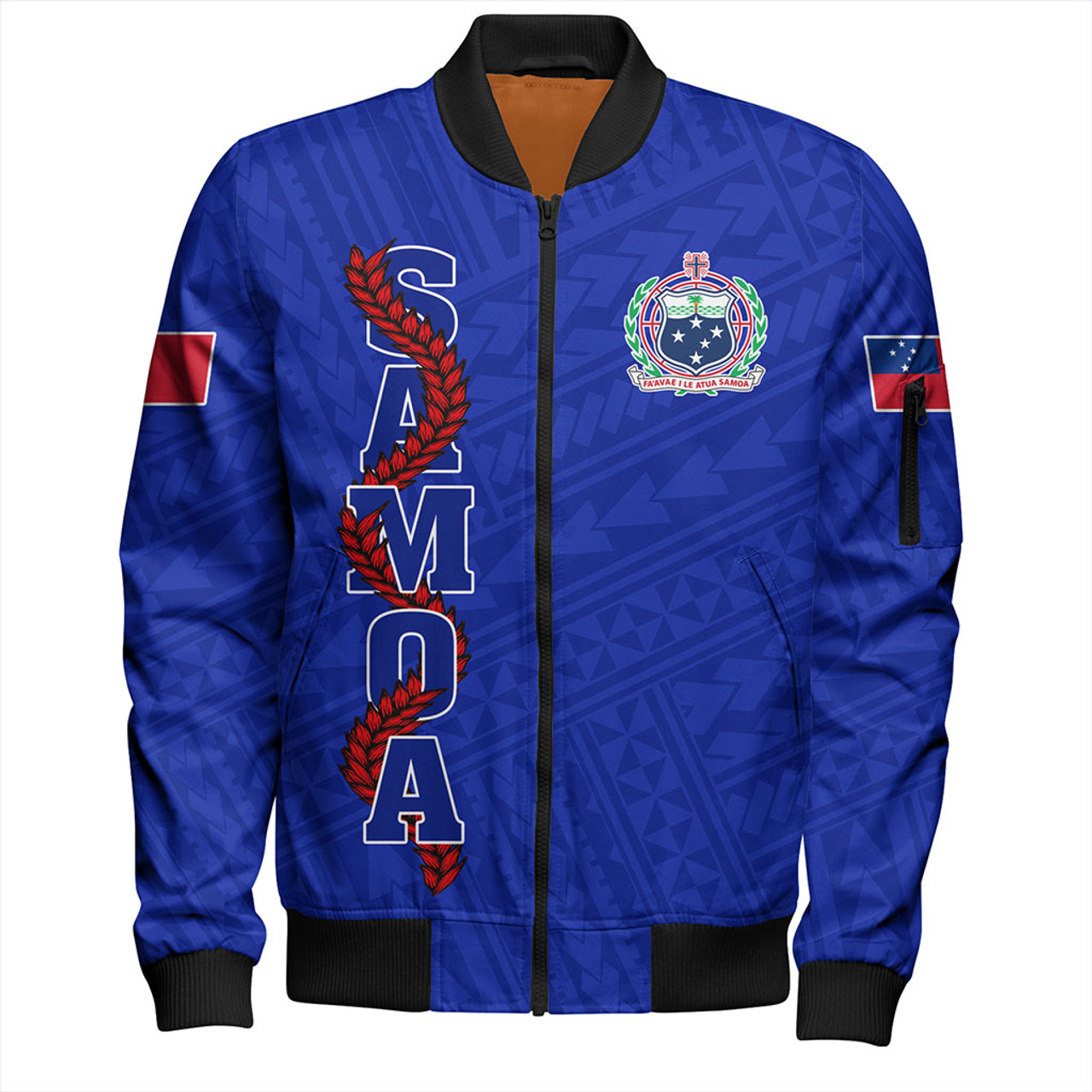 Samoa Bomber Jacket Floral Ulafala Lei Style Blue
