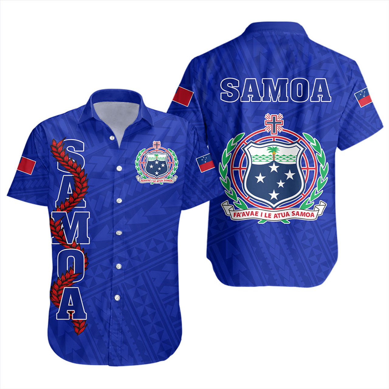 Samoa Short Sleeve Shirt Floral Ulafala Lei Style Blue