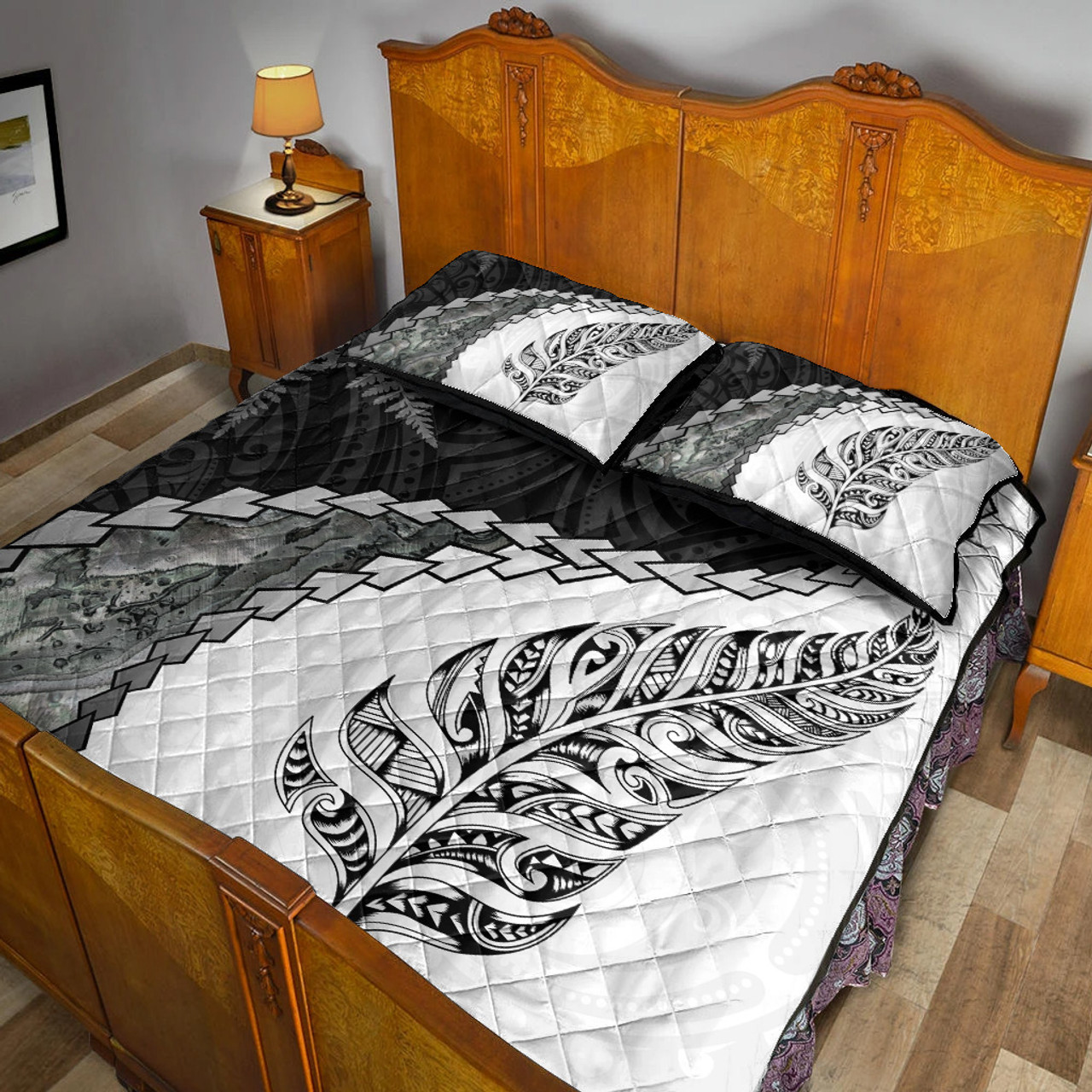 New Zealand Quilt Bed Set Silver Fern Maori Pattern
