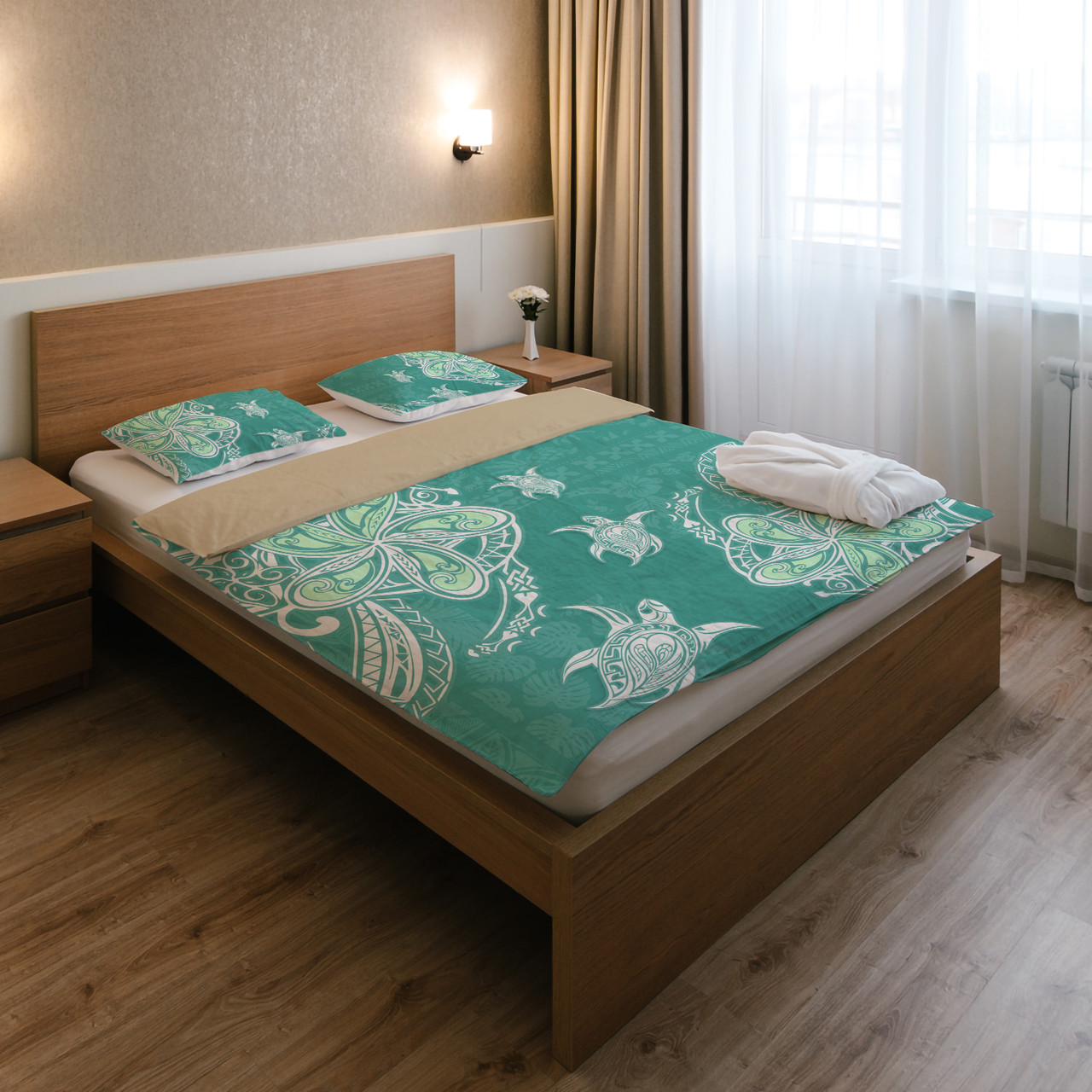 Hawaii Bedding Set Polynesian Pattern Plumeria Turtles