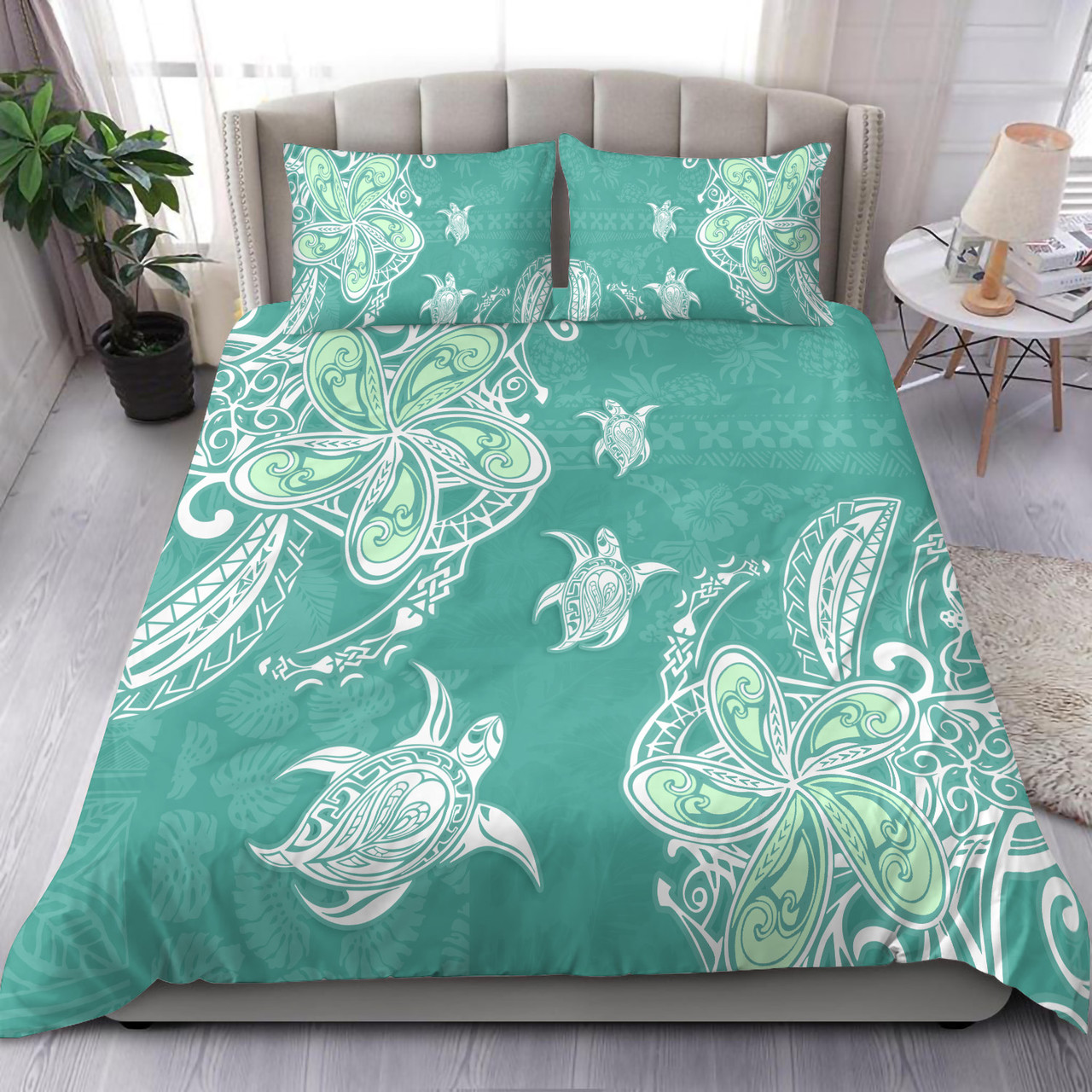 Hawaii Bedding Set Polynesian Pattern Plumeria Turtles