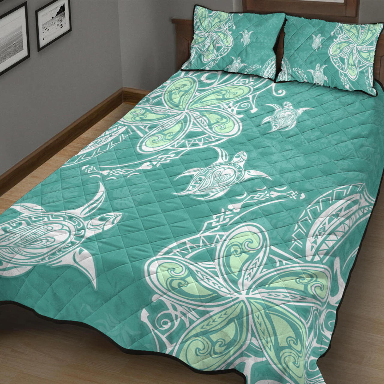 Hawaii Quilt Bed Set Polynesian Pattern Plumeria Turtles