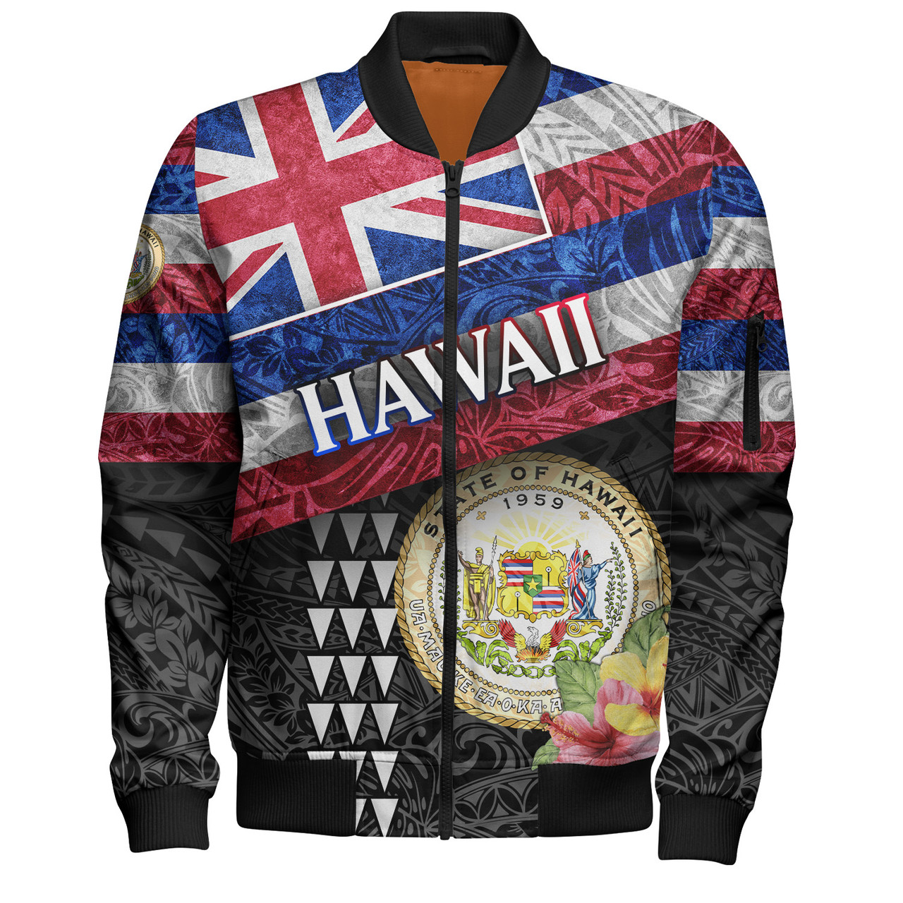 Hawaii Bomber Jacket Hawaiian Flag Polynesian Tribal Hibiscus Style