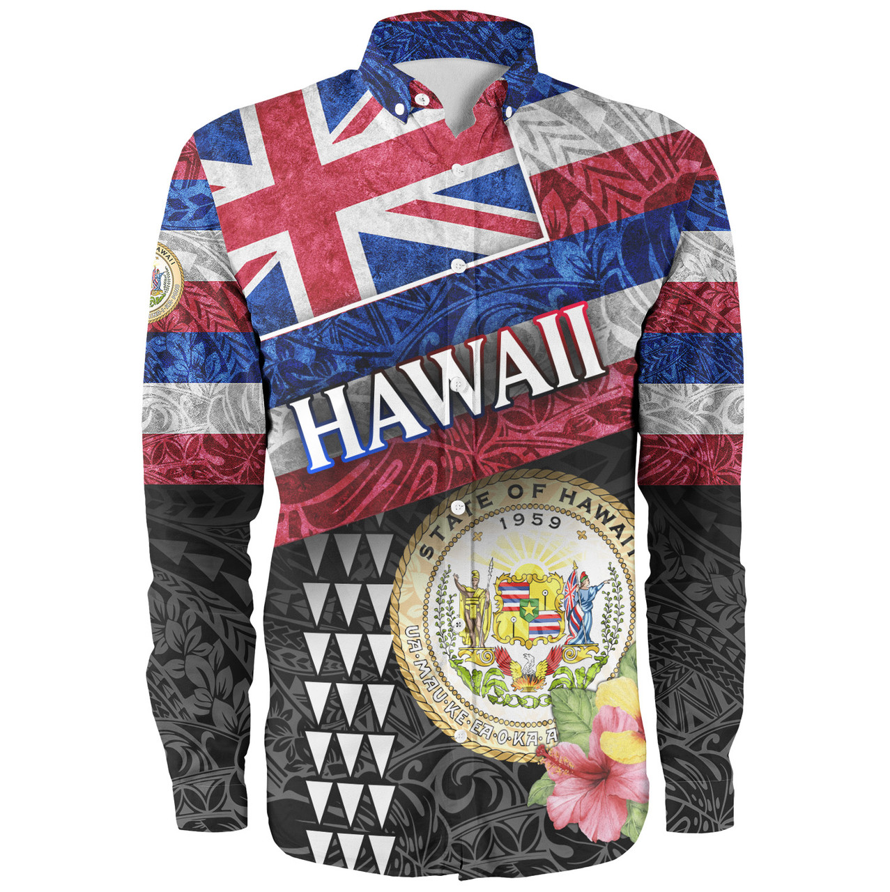 Hawaii Long Sleeve Shirt Hawaiian Flag Polynesian Tribal Hibiscus Style