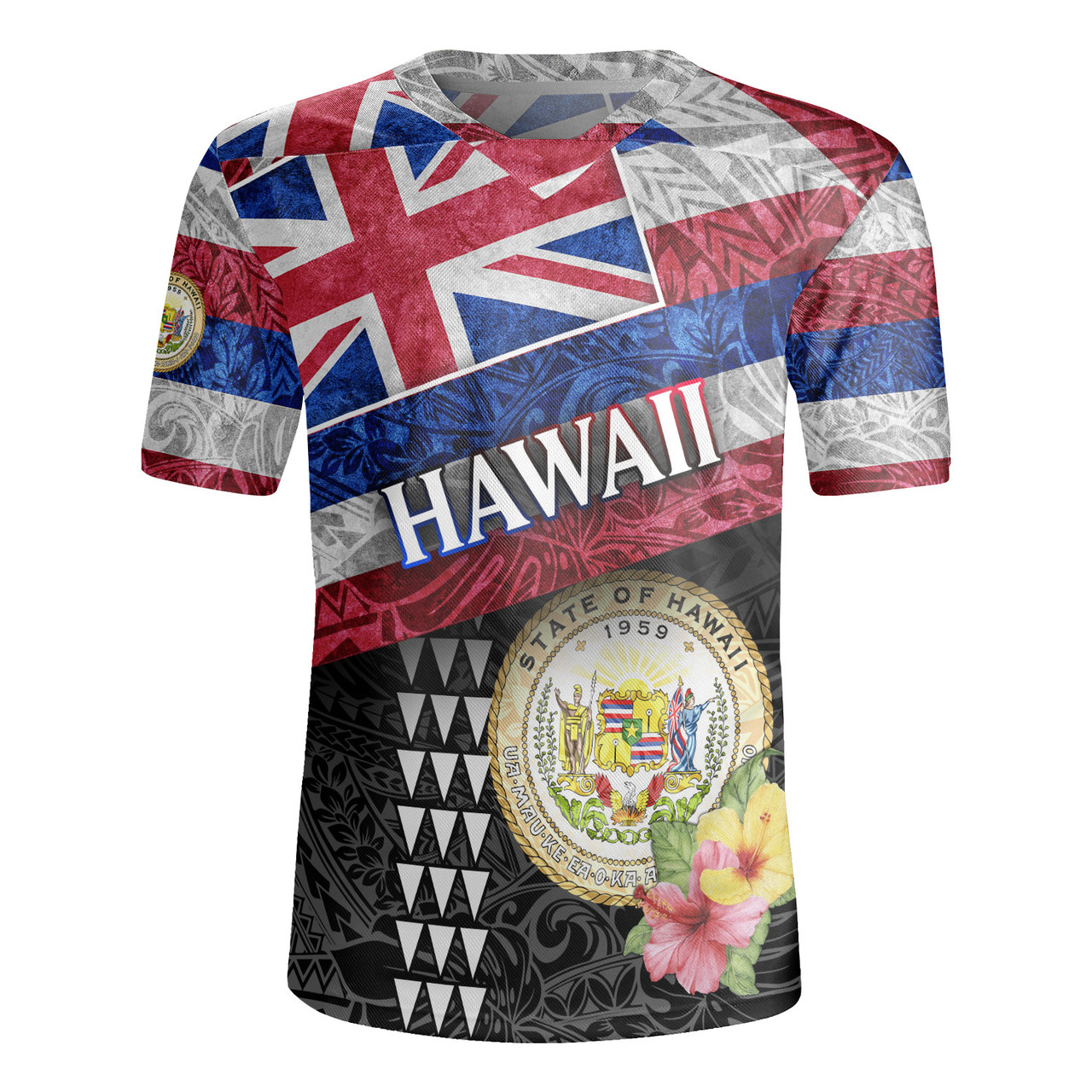 Hawaii Rugby Jersey Hawaiian Flag Polynesian Tribal Hibiscus Style