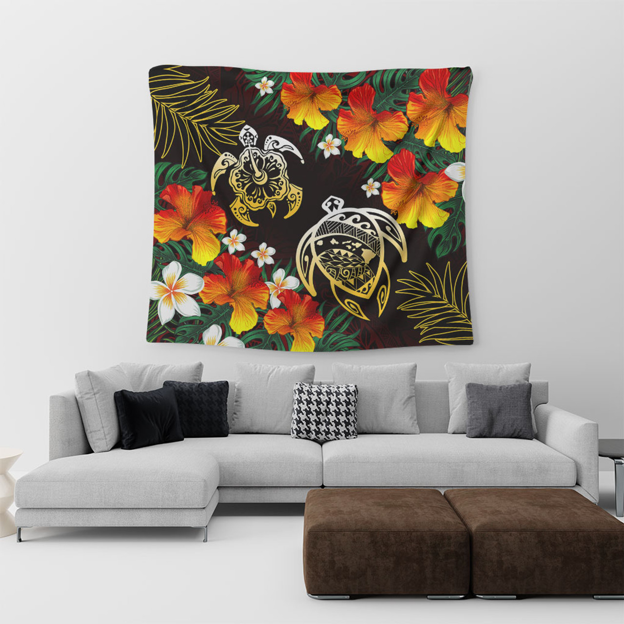 Hawaii Tapestry Polynesian Tribal Floral Turtle
