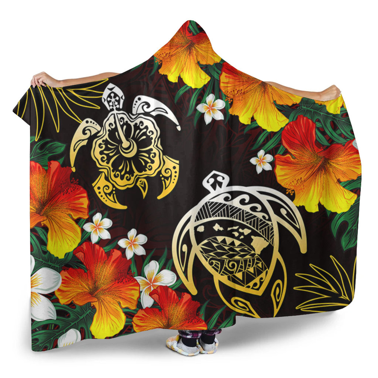 Hawaii Hooded Blanket Polynesian Tribal Floral Turtle