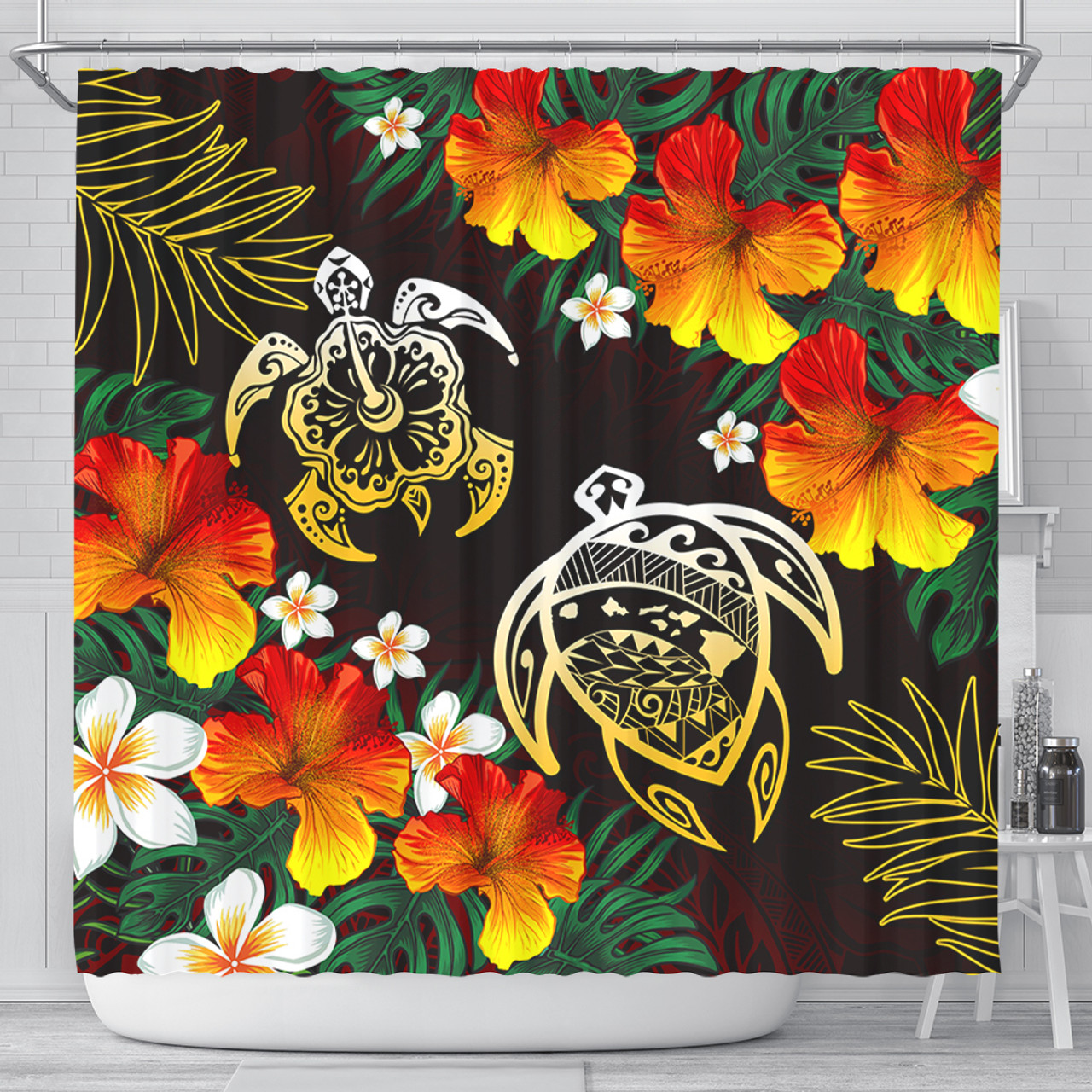 Hawaii Shower Curtain Polynesian Tribal Floral Turtle