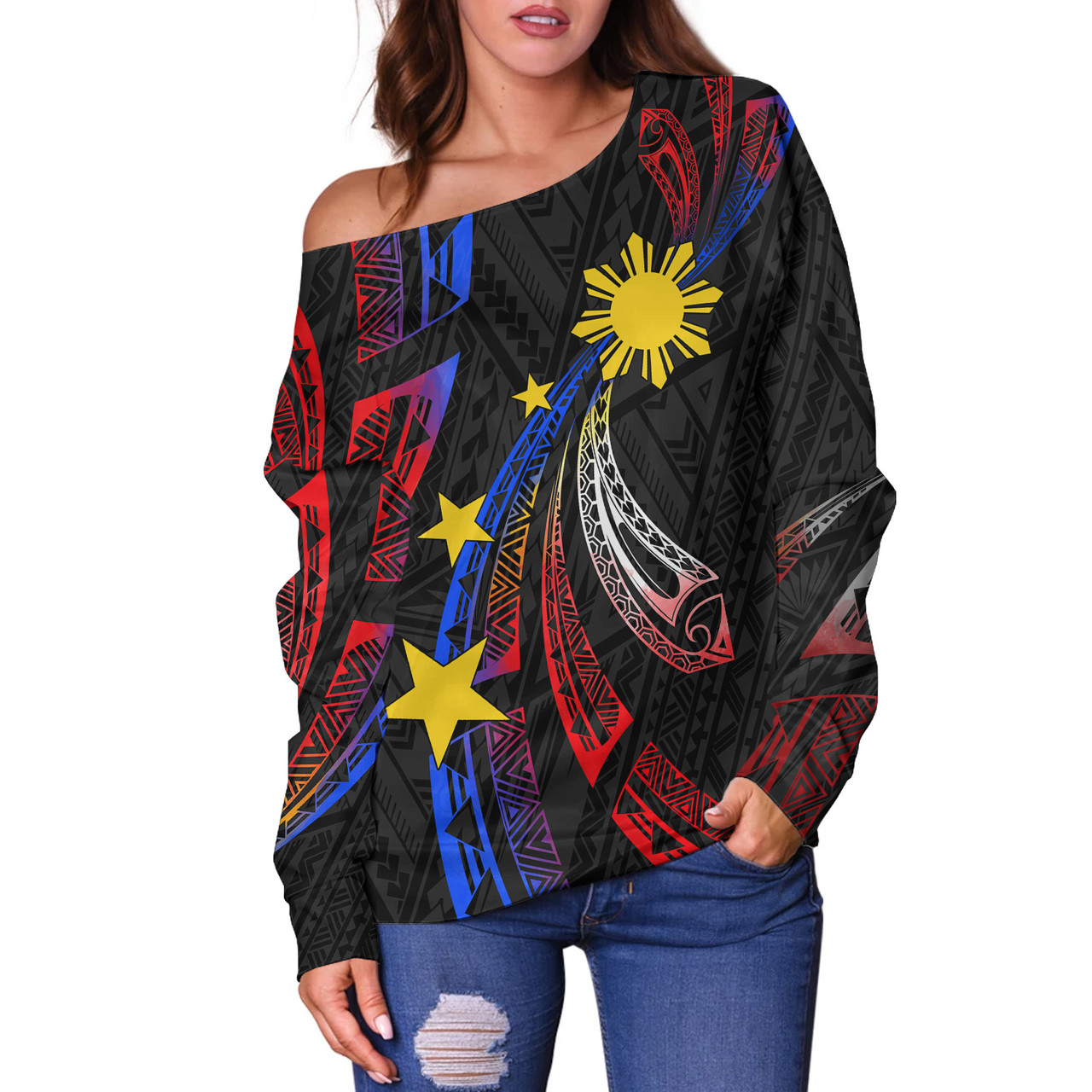 Philippines Filipinos Off Shoulder Sweatshirt Tribal Pattern Filipinos Sun