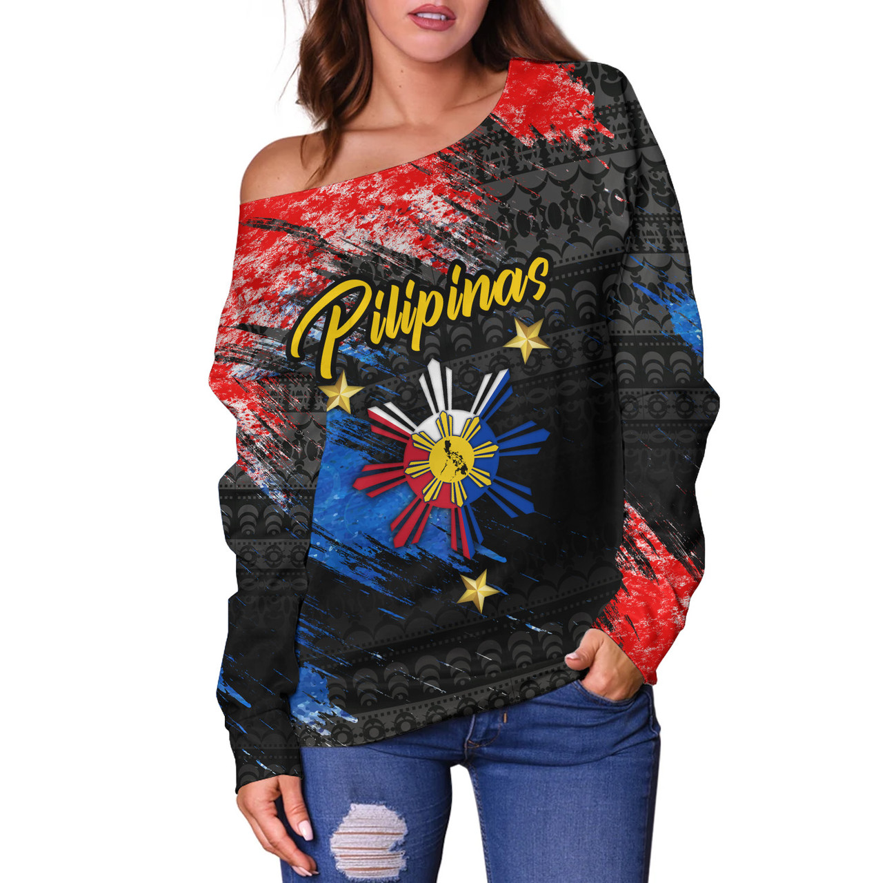 Philippines Filipinos Off Shoulder Sweatshirt Pilipinas Sun Grunge Style