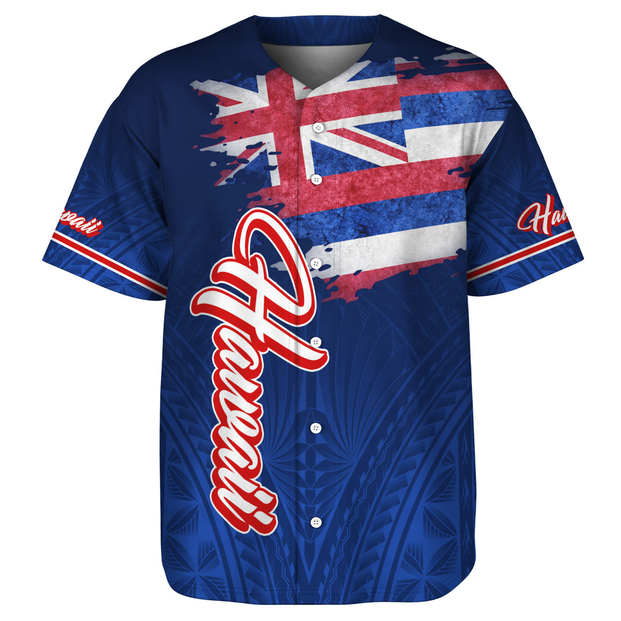 Hawaii Baseball Shirt Hawaii Flag Blue Color Polynesian Patterns Grunge Style